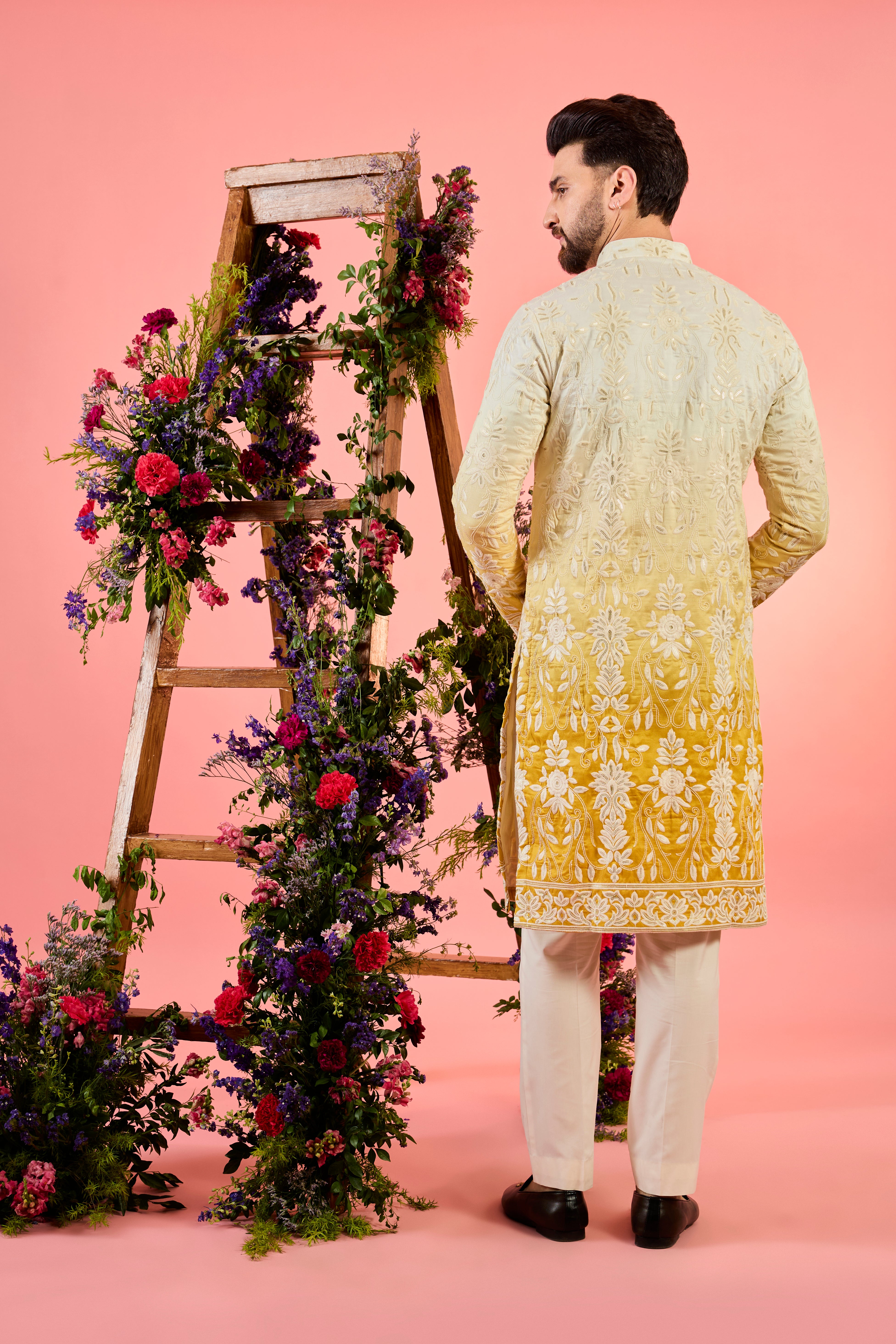 yellow ombre shaded mirror work kurta