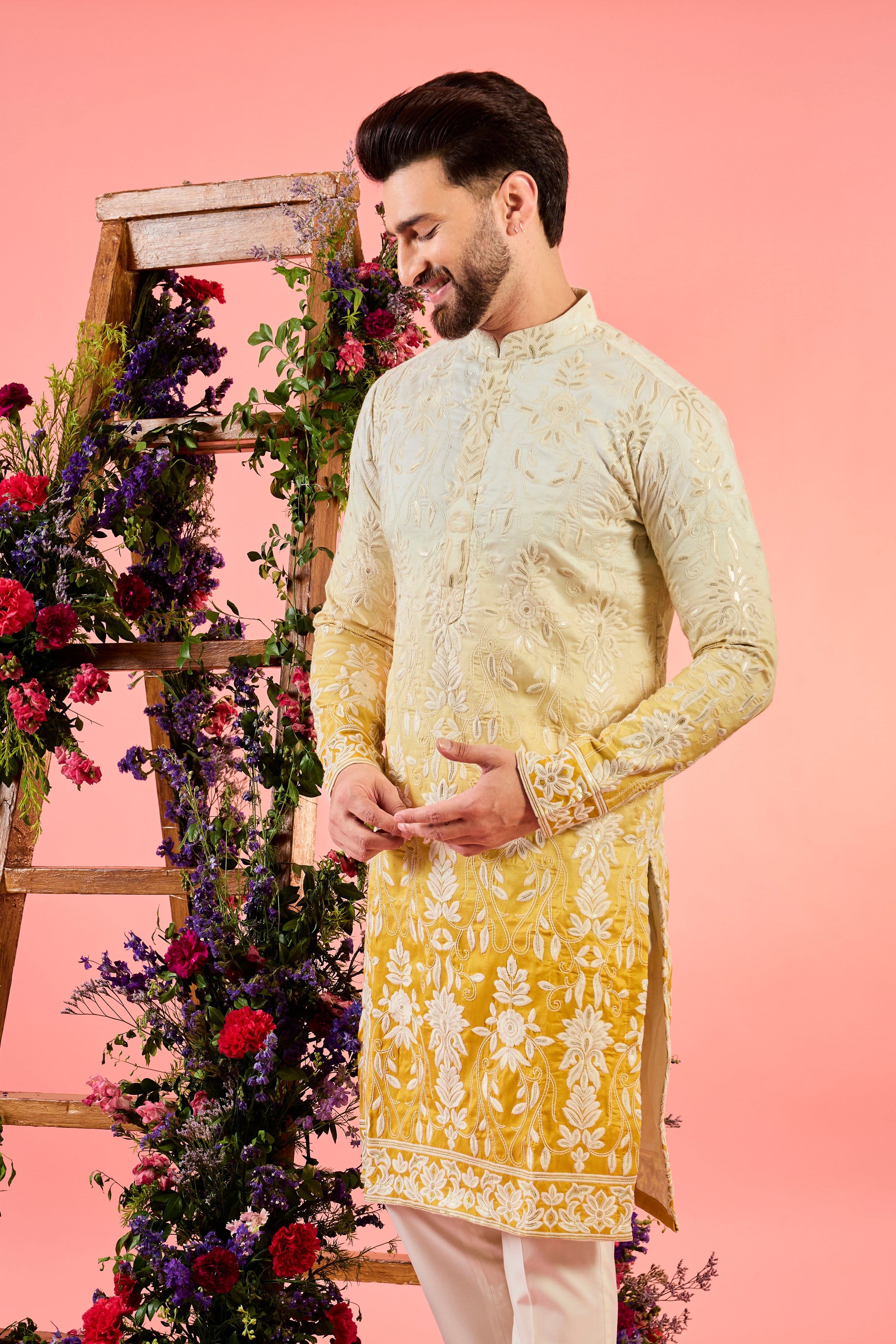 yellow ombre shaded mirror work kurta