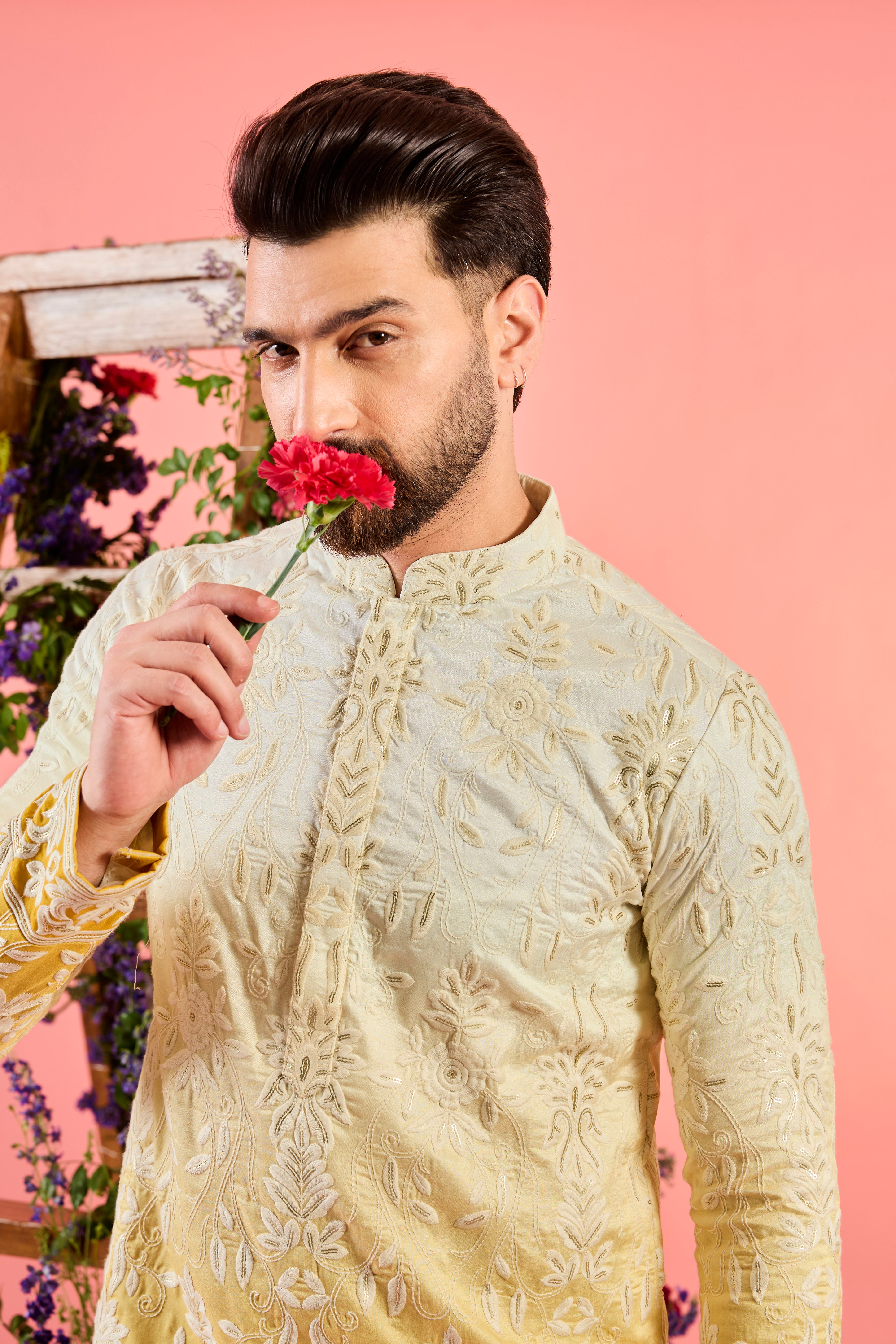 yellow ombre shaded mirror work kurta