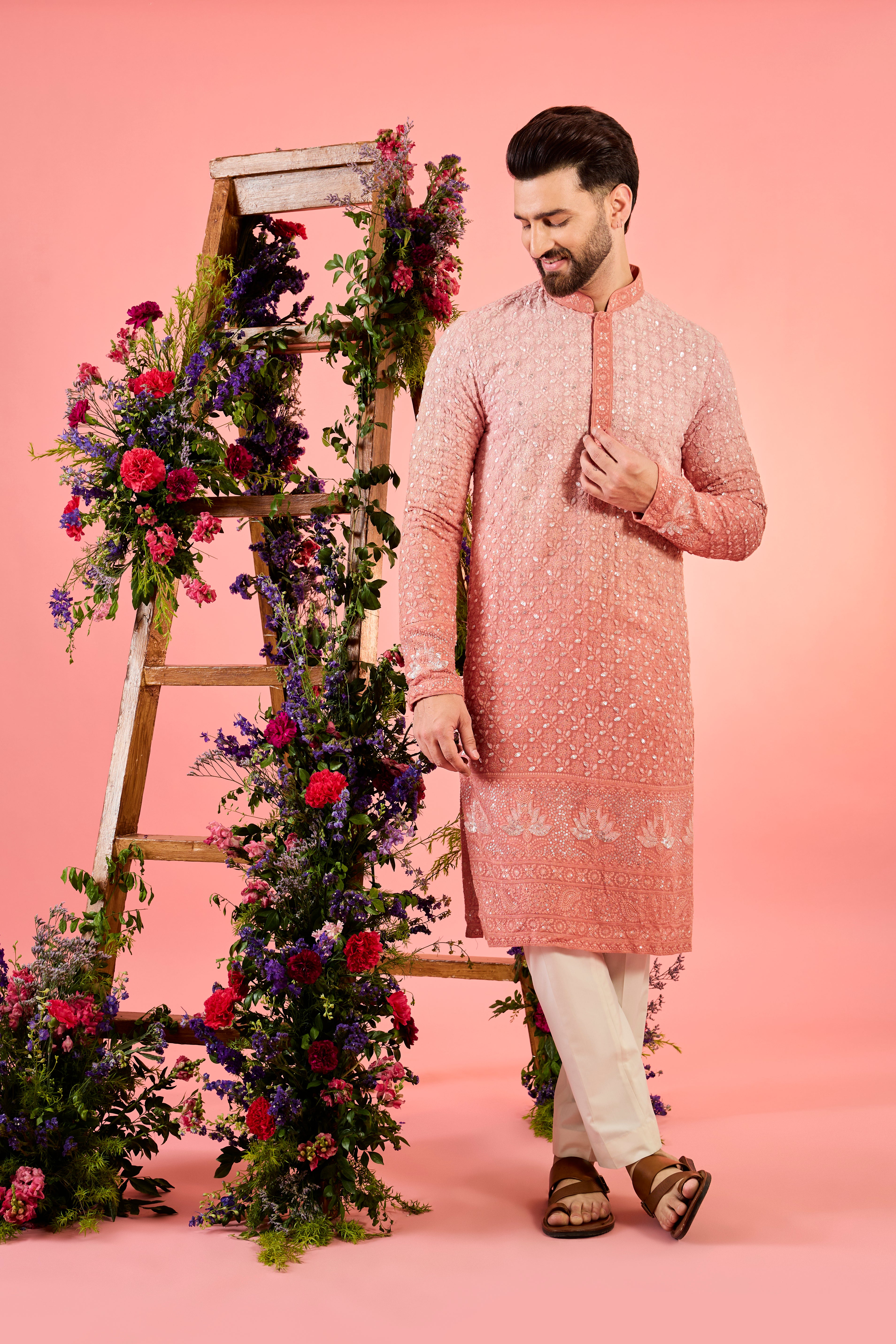 peach ombre shaded mirror work kurta