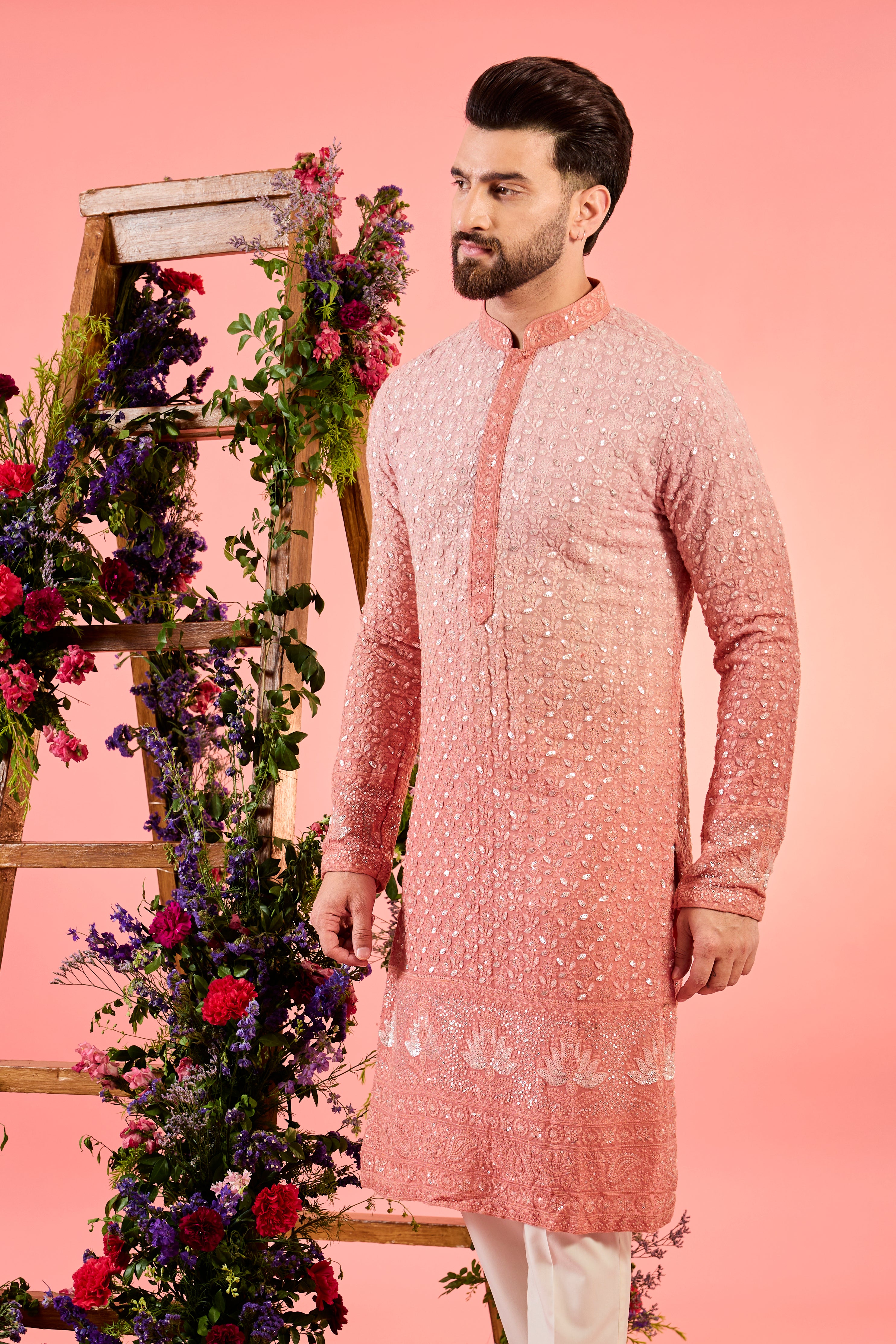 peach ombre shaded mirror work kurta