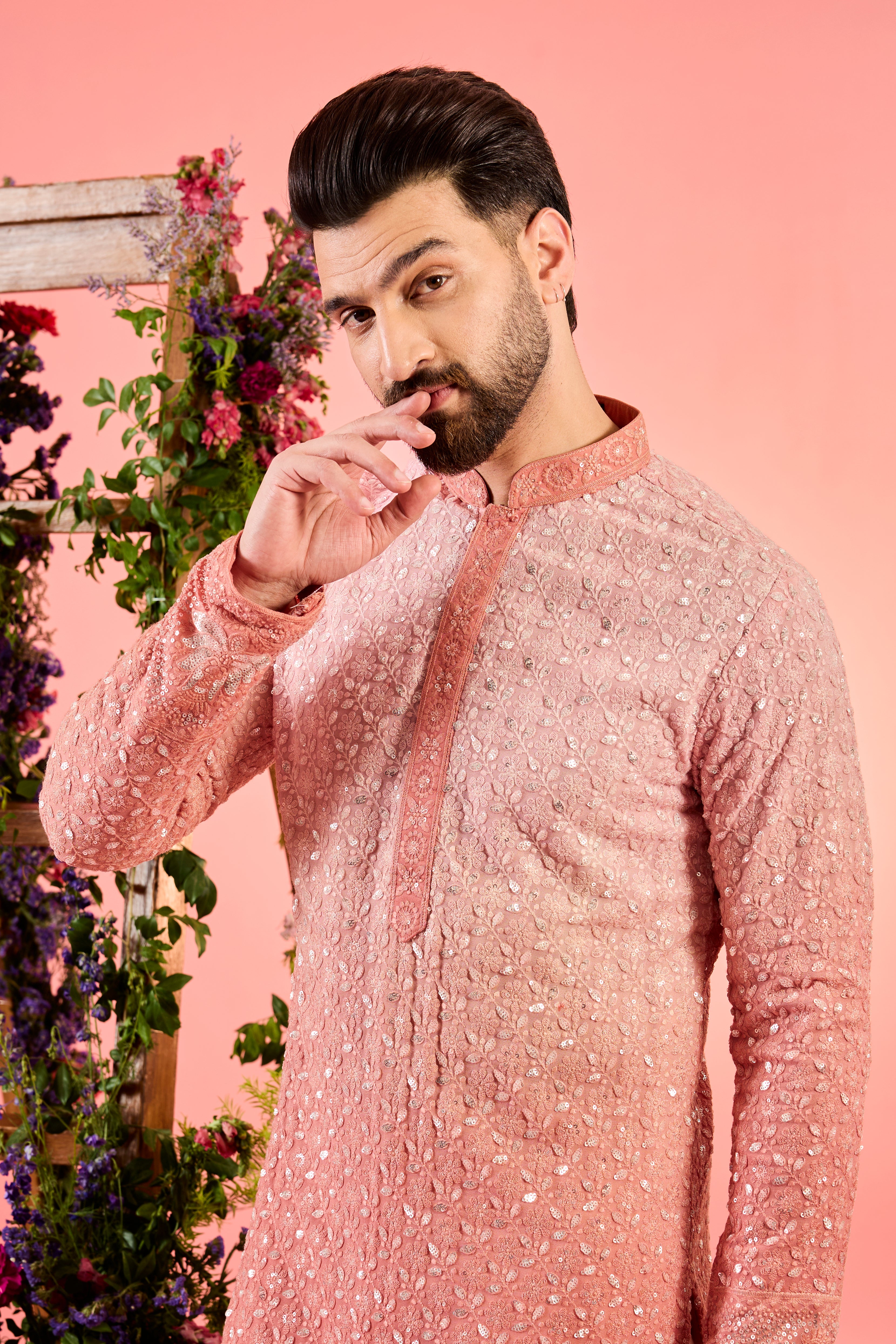 peach ombre shaded mirror work kurta