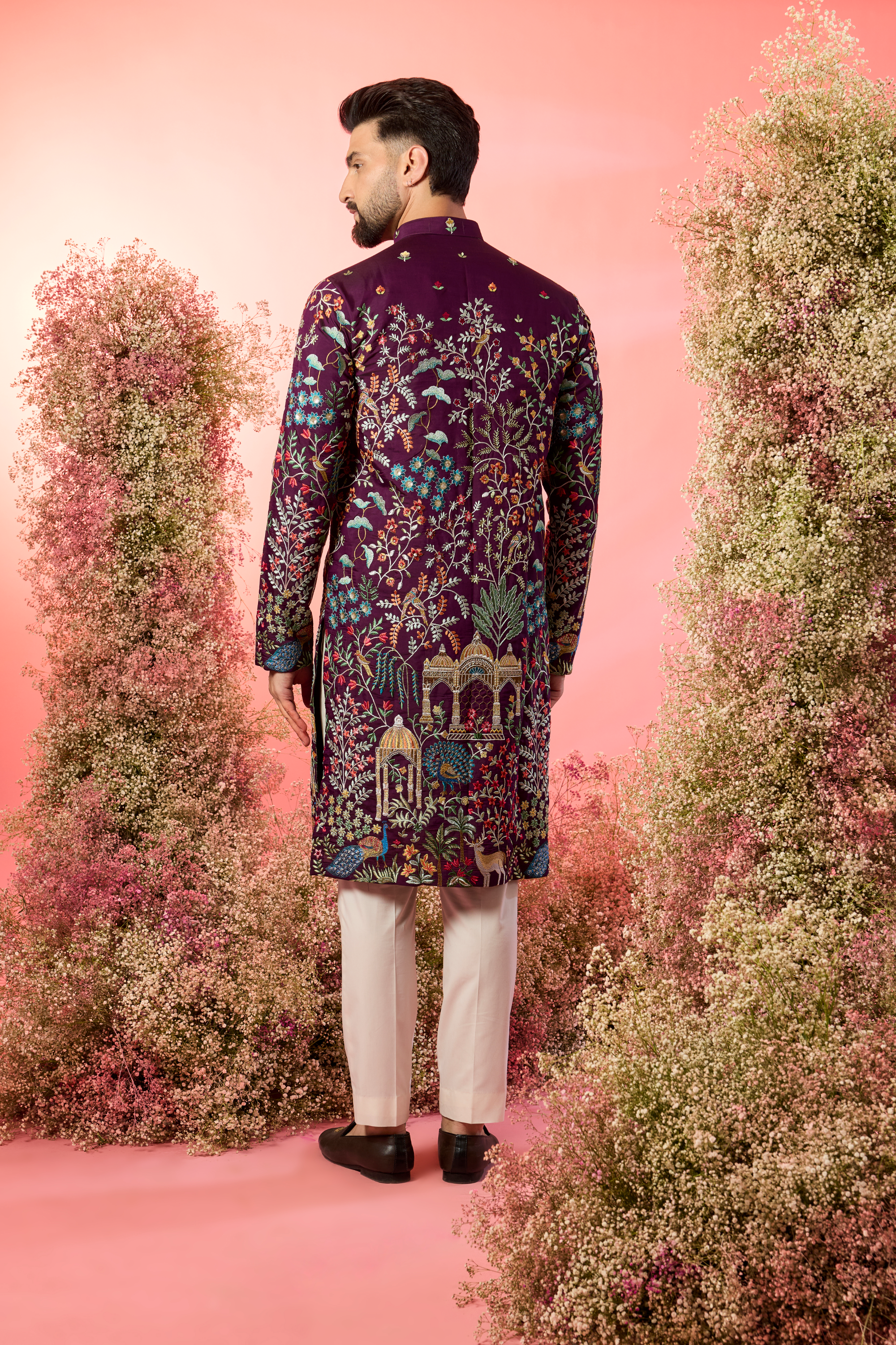 wine thread work kurta with intricate heritage - flora and fauna embroidery