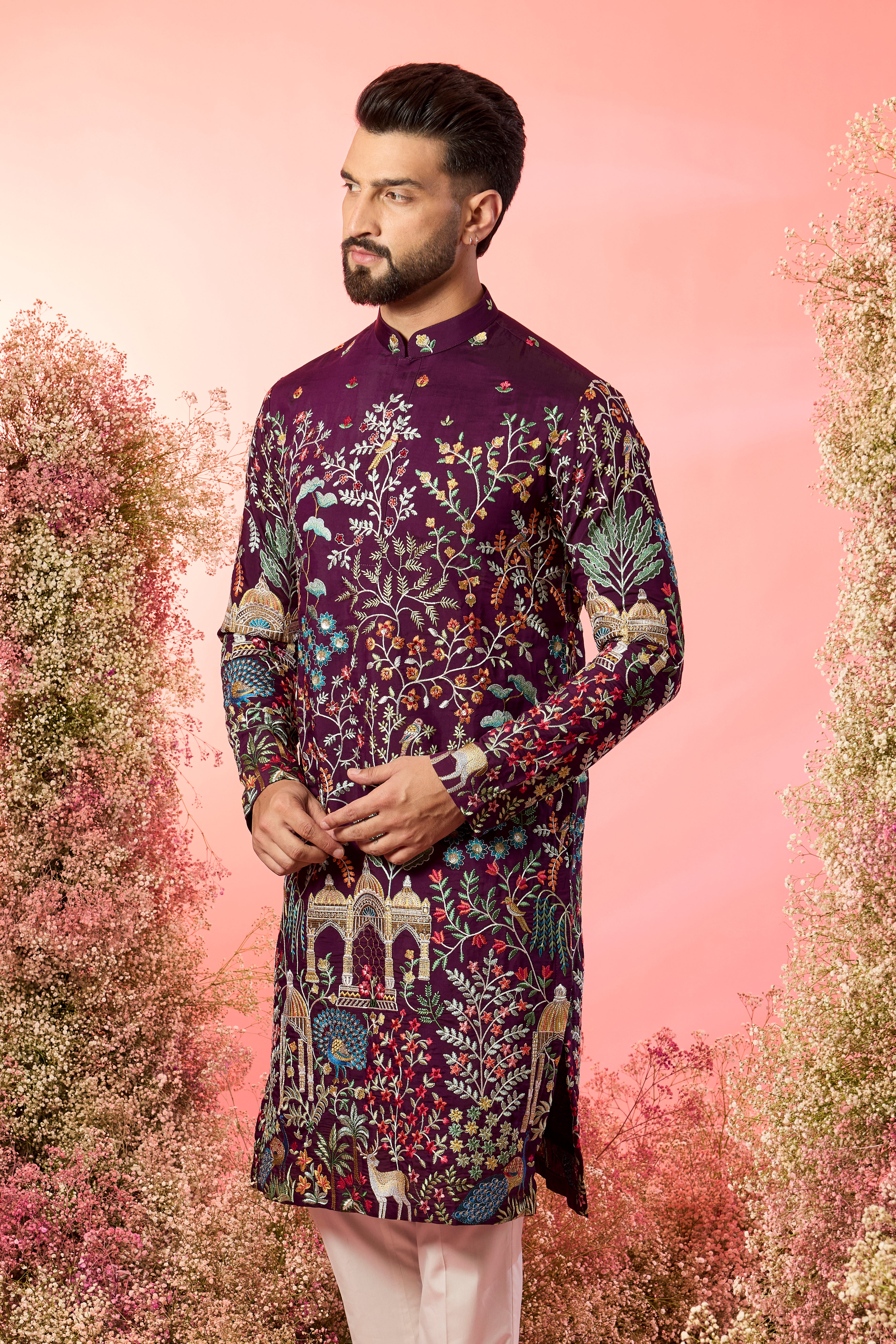 wine thread work kurta with intricate heritage - flora and fauna embroidery