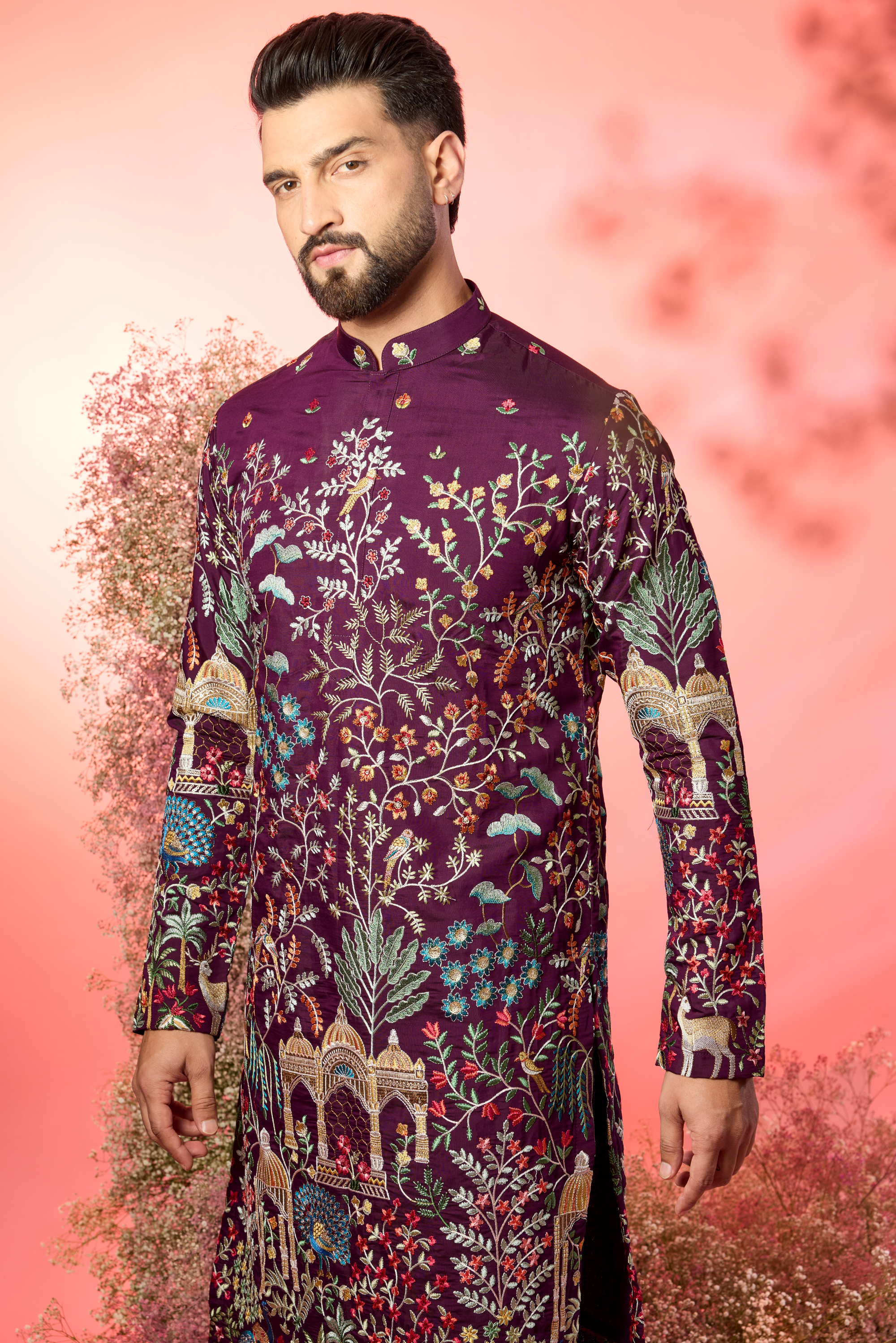 wine thread work kurta with intricate heritage - flora and fauna embroidery