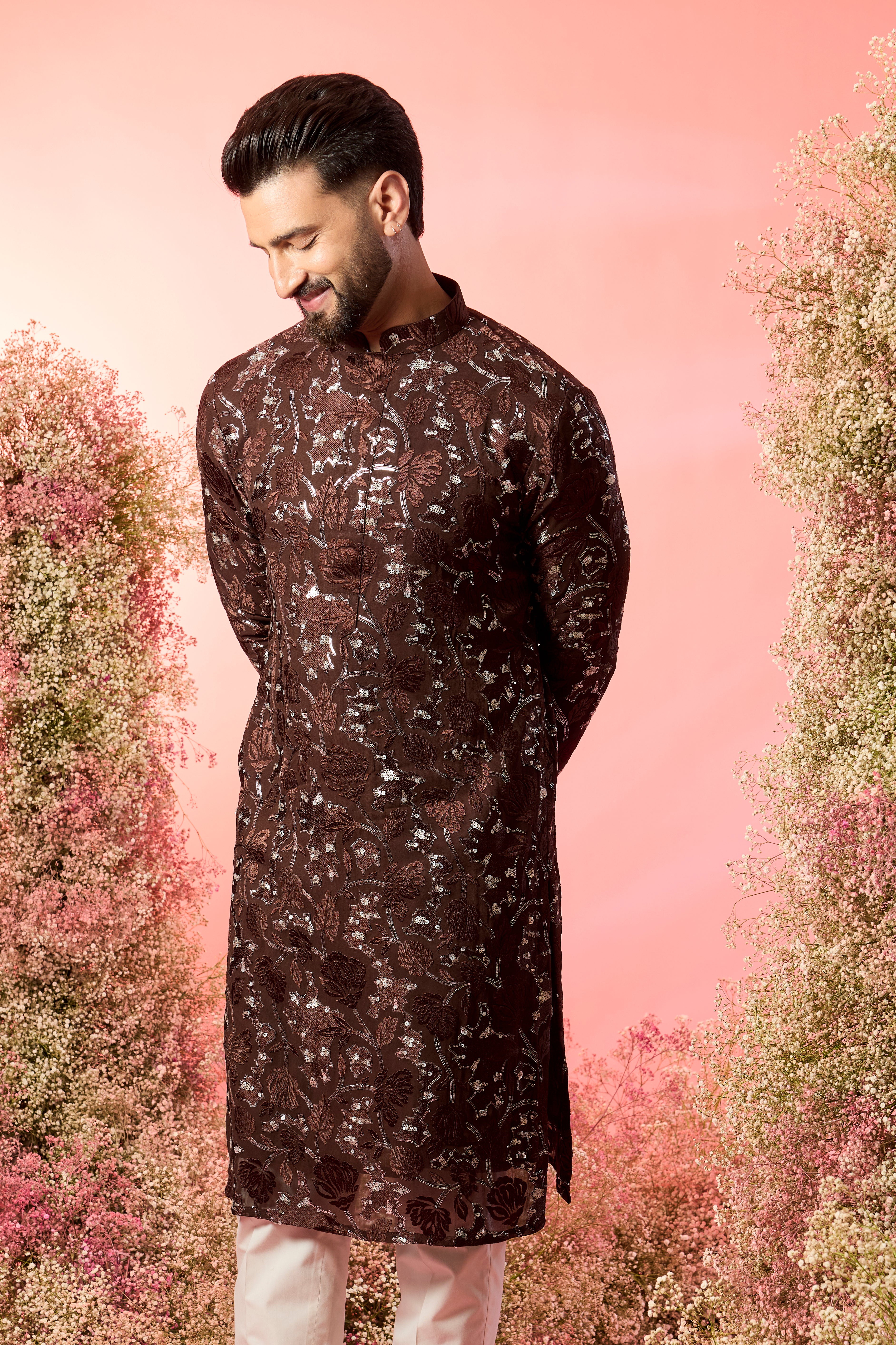 brown sequined kurta with delicate floral embroidery