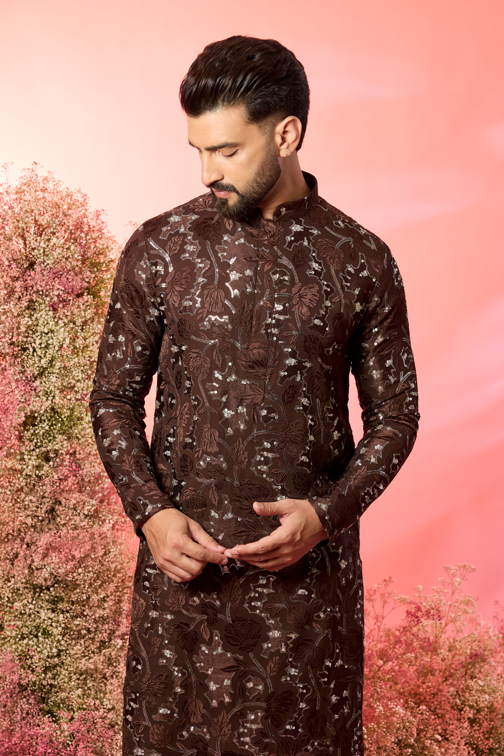 brown sequined kurta with delicate floral embroidery