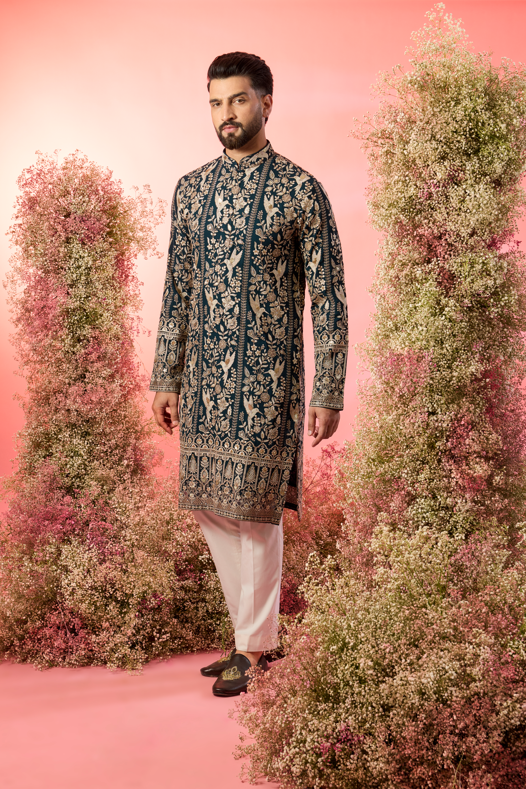 teal chikankari kurta with inricate zari , flora and fauna embroidery