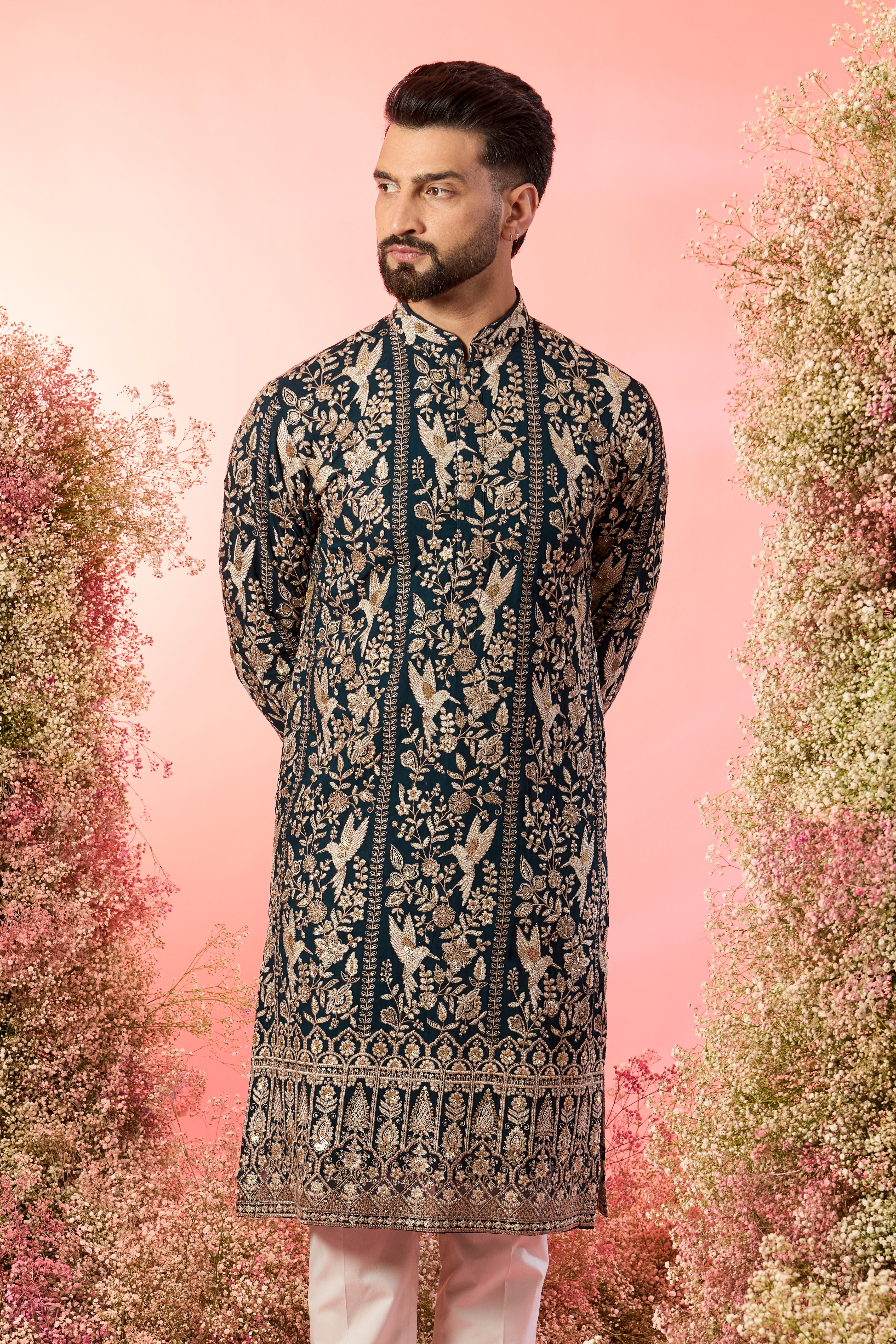 teal chikankari kurta with inricate zari , flora and fauna embroidery