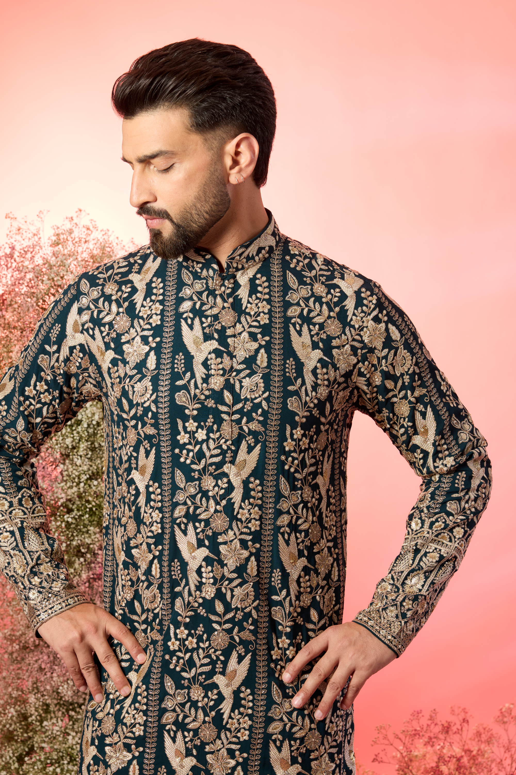 teal chikankari kurta with inricate zari , flora and fauna embroidery