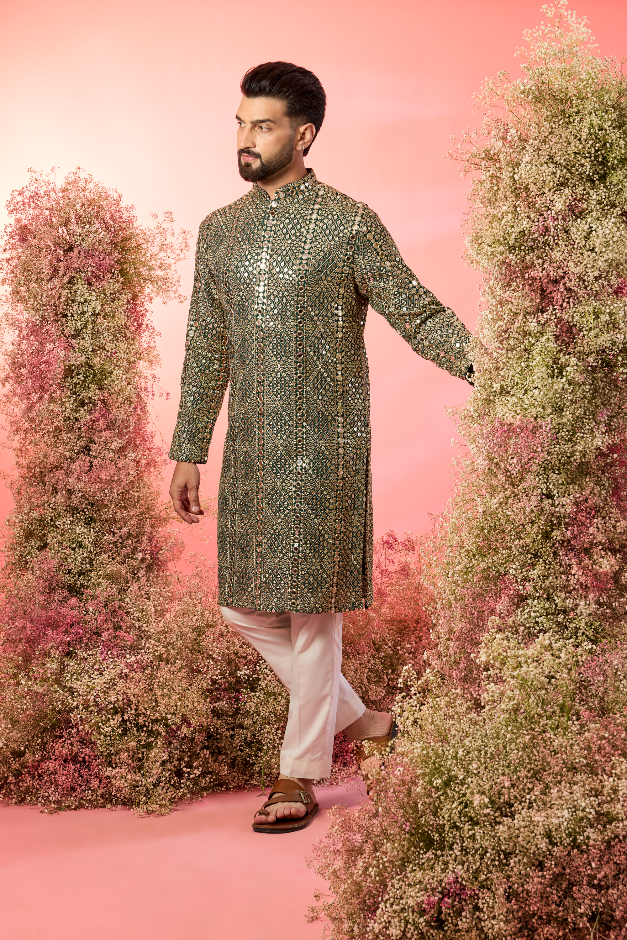 signature bottle green mirror work kurta with heavy zari work