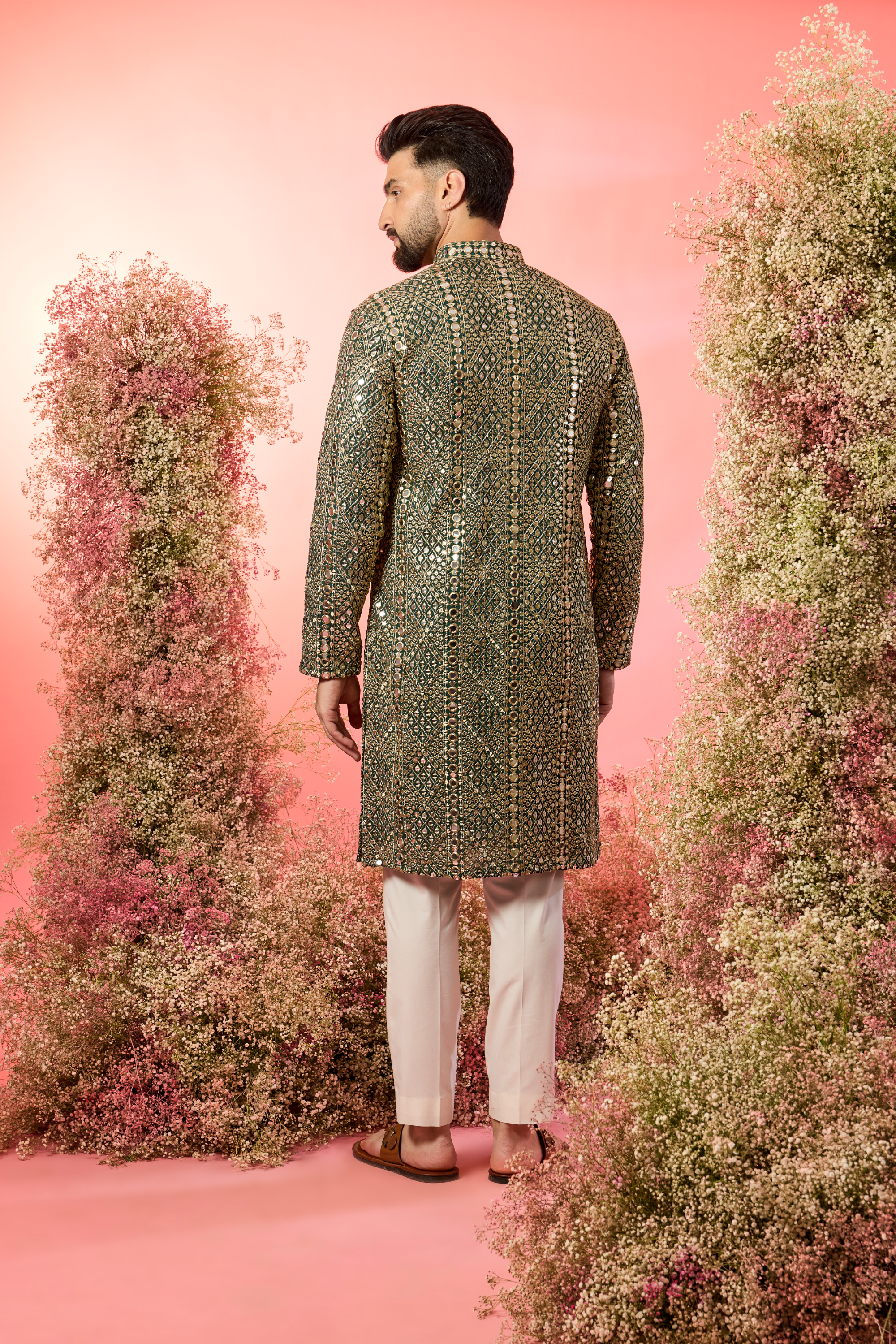 signature bottle green mirror work kurta with heavy zari work