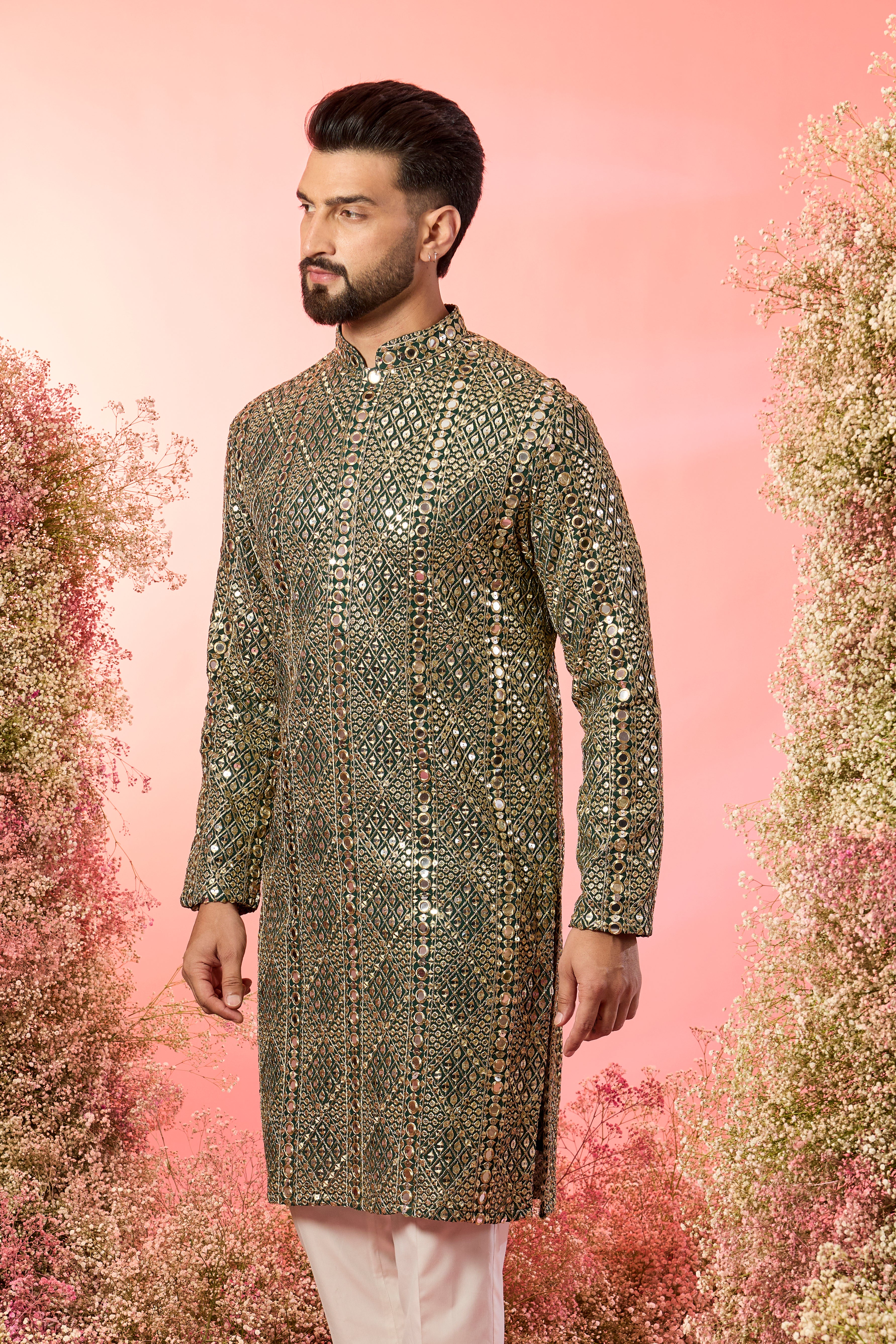 signature bottle green mirror work kurta with heavy zari work