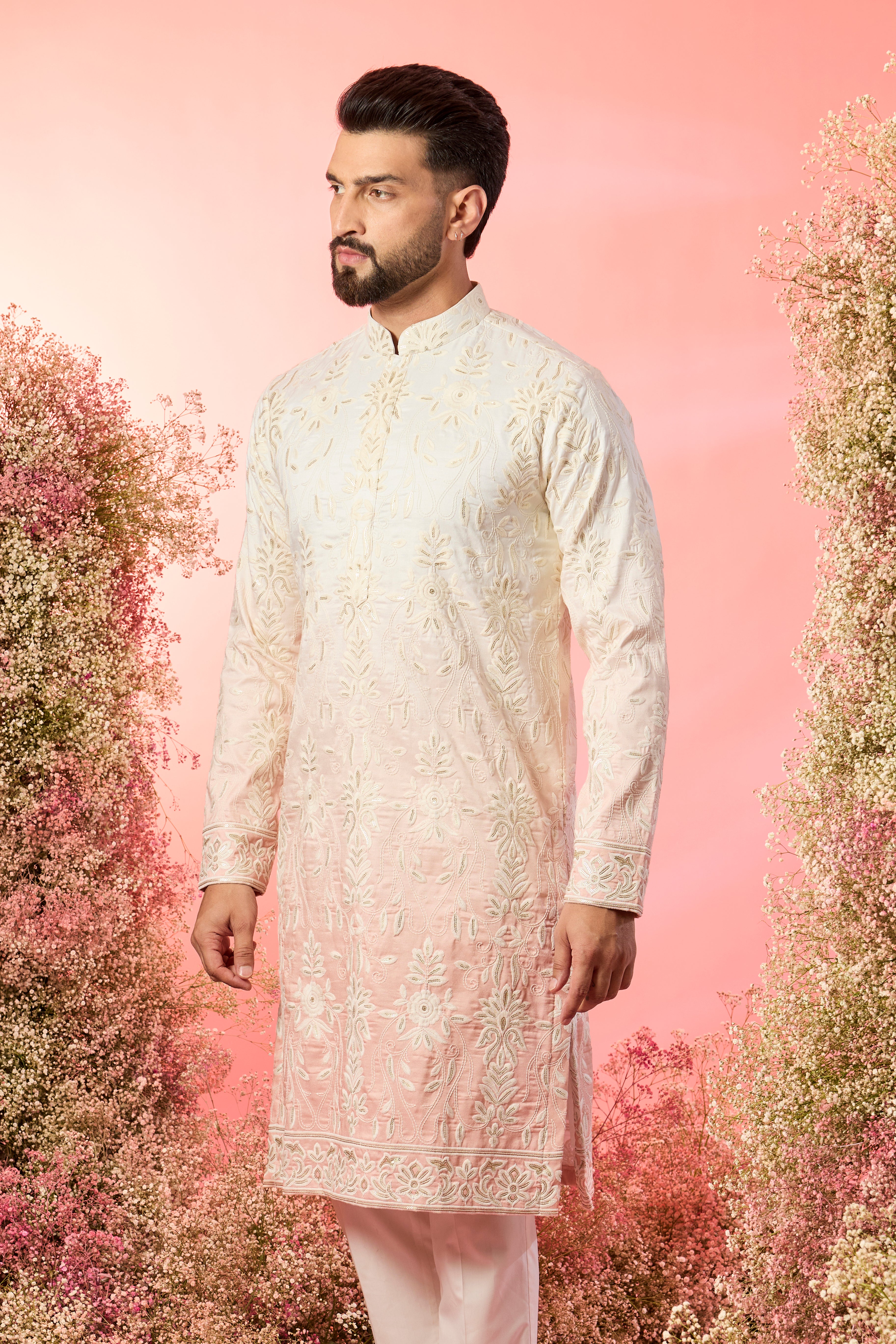 ivory- peach ombre shaded chikankari kurta