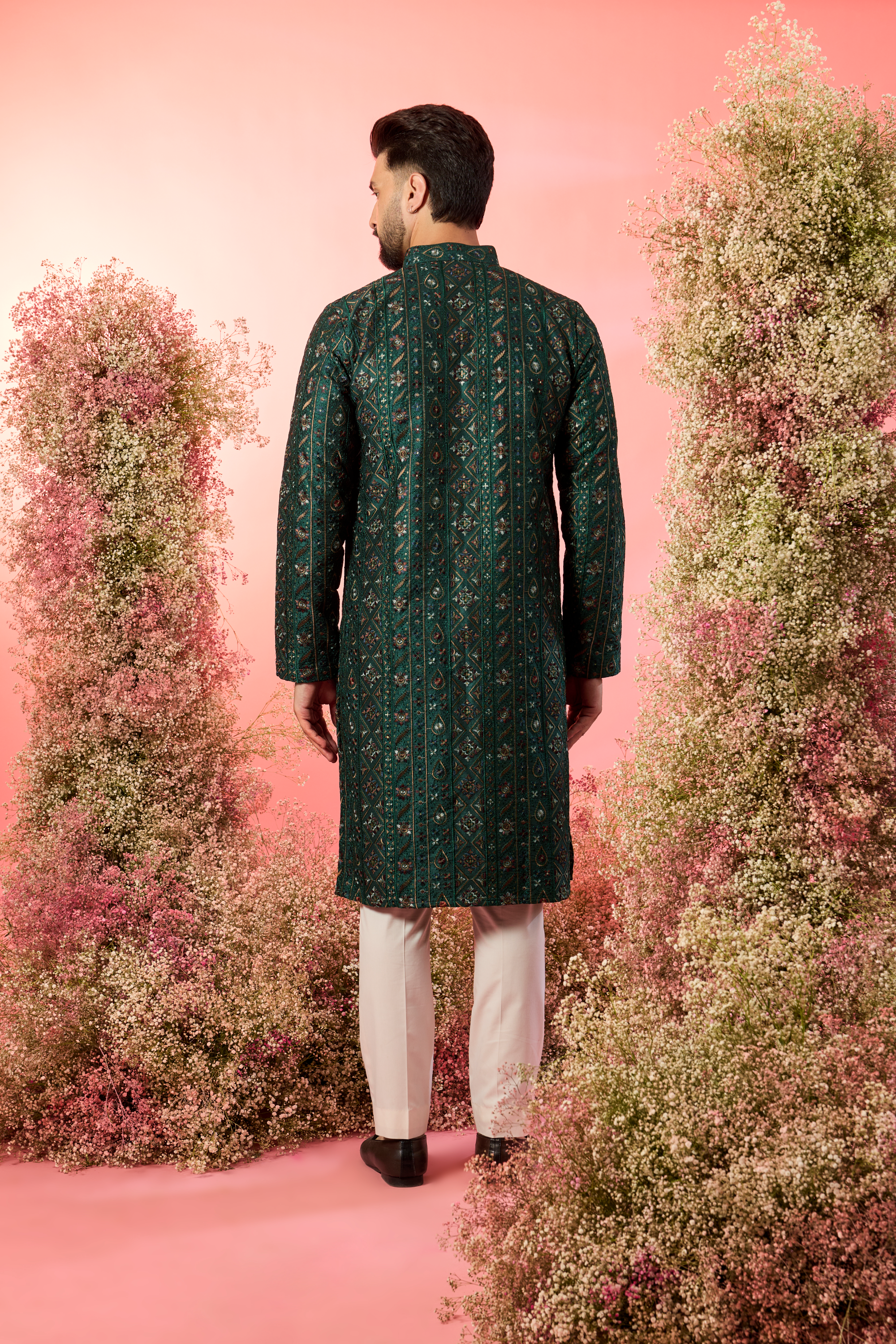 bottle green chikankari kurta intricate multi thread work