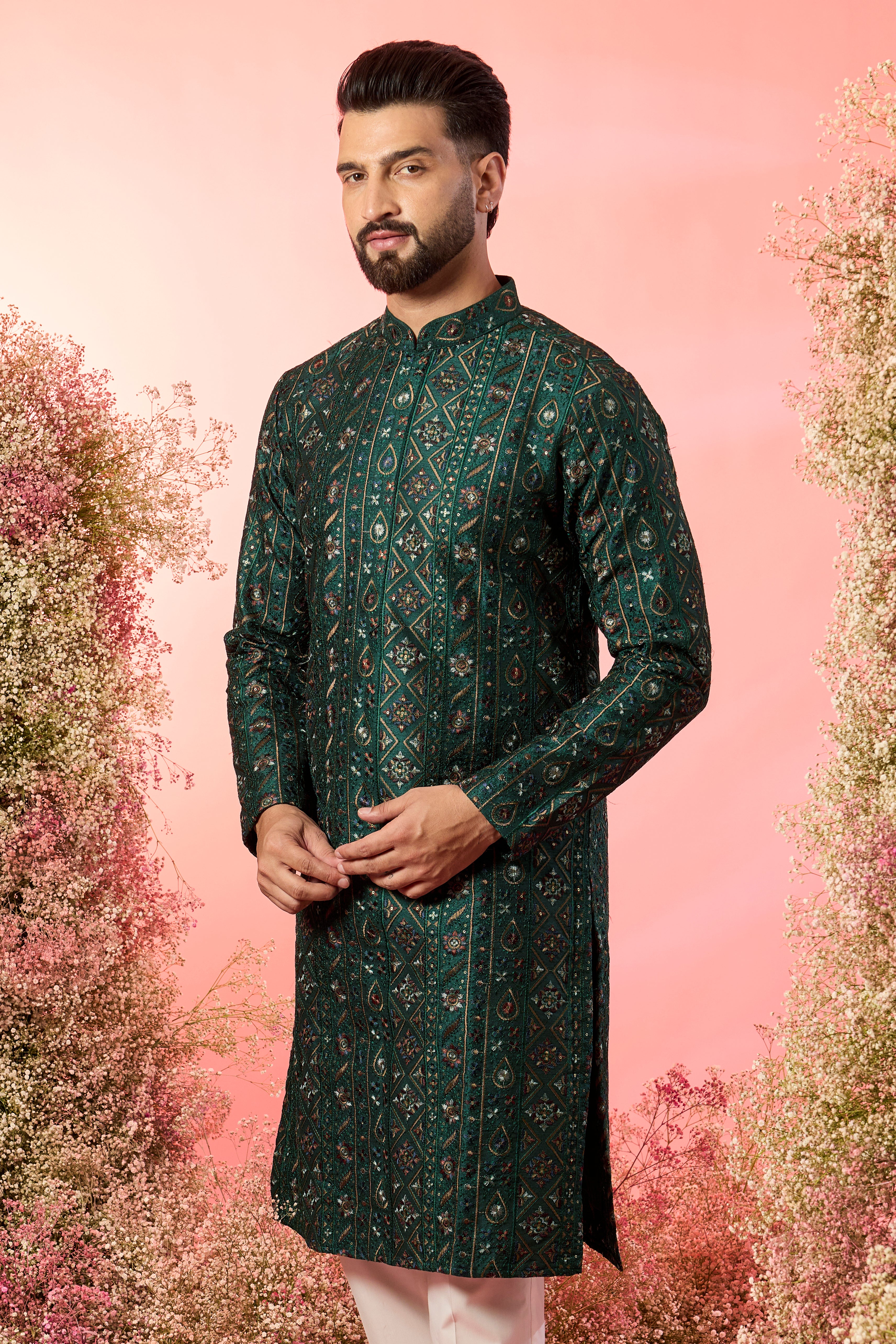 bottle green chikankari kurta intricate multi thread work