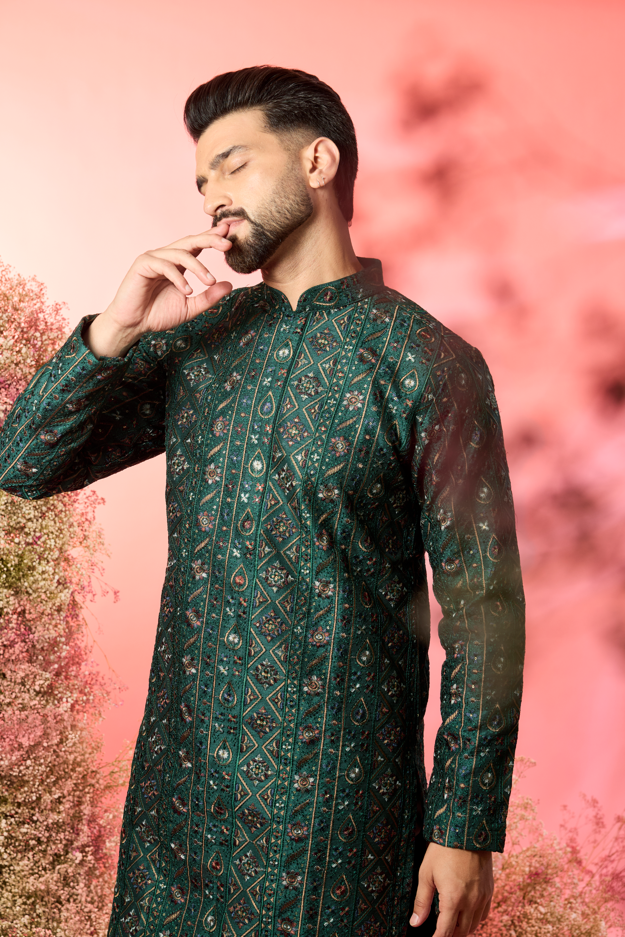 bottle green chikankari kurta intricate multi thread work