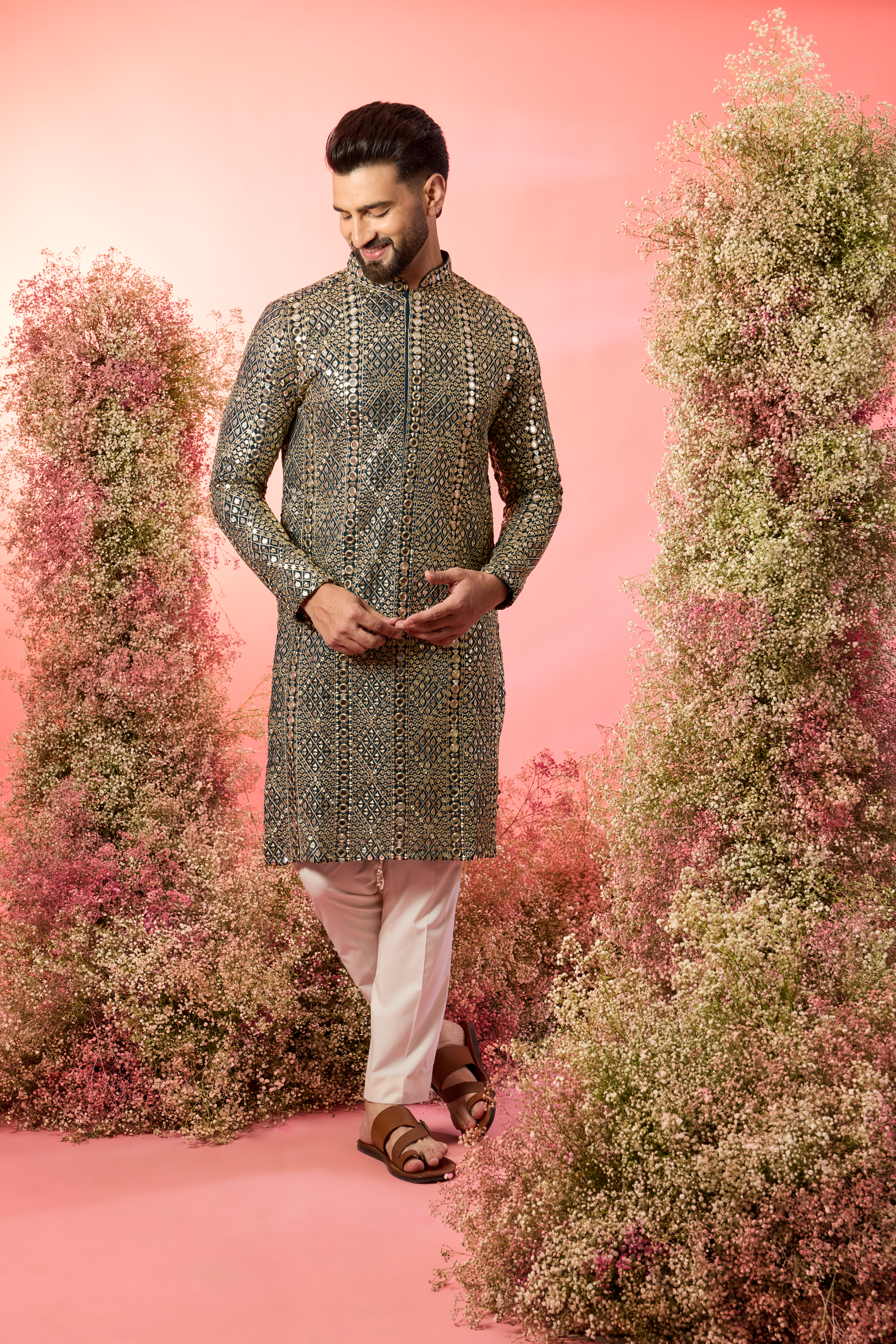 signature bottle green/teal mirror work kurta with heavy zari work