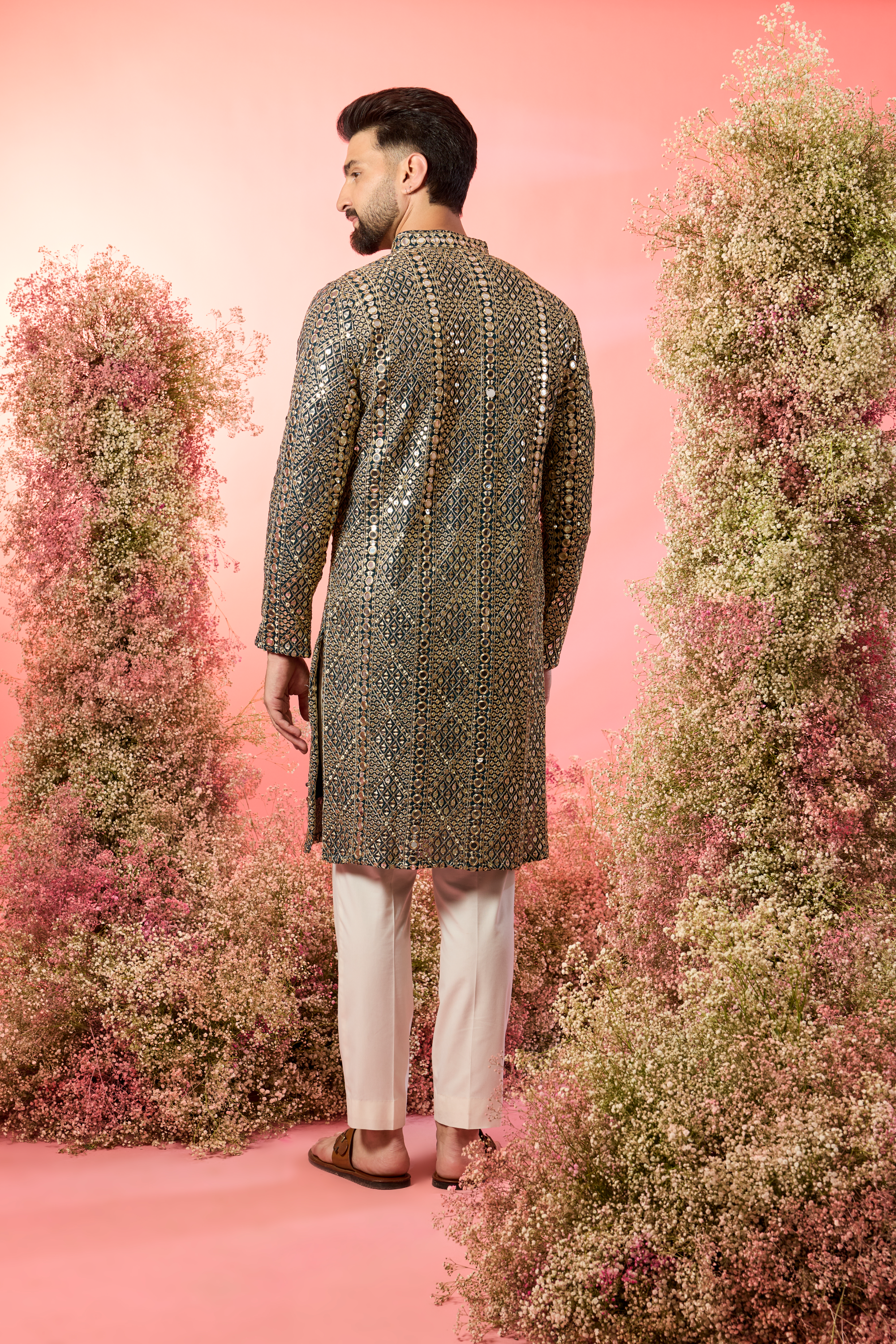 signature bottle green/teal mirror work kurta with heavy zari work