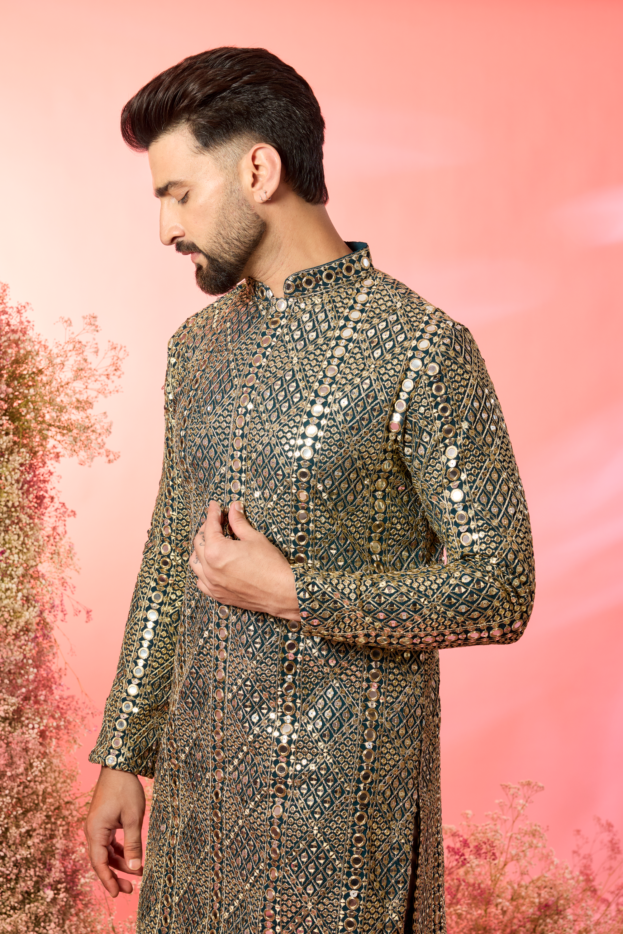 signature bottle green/teal mirror work kurta with heavy zari work