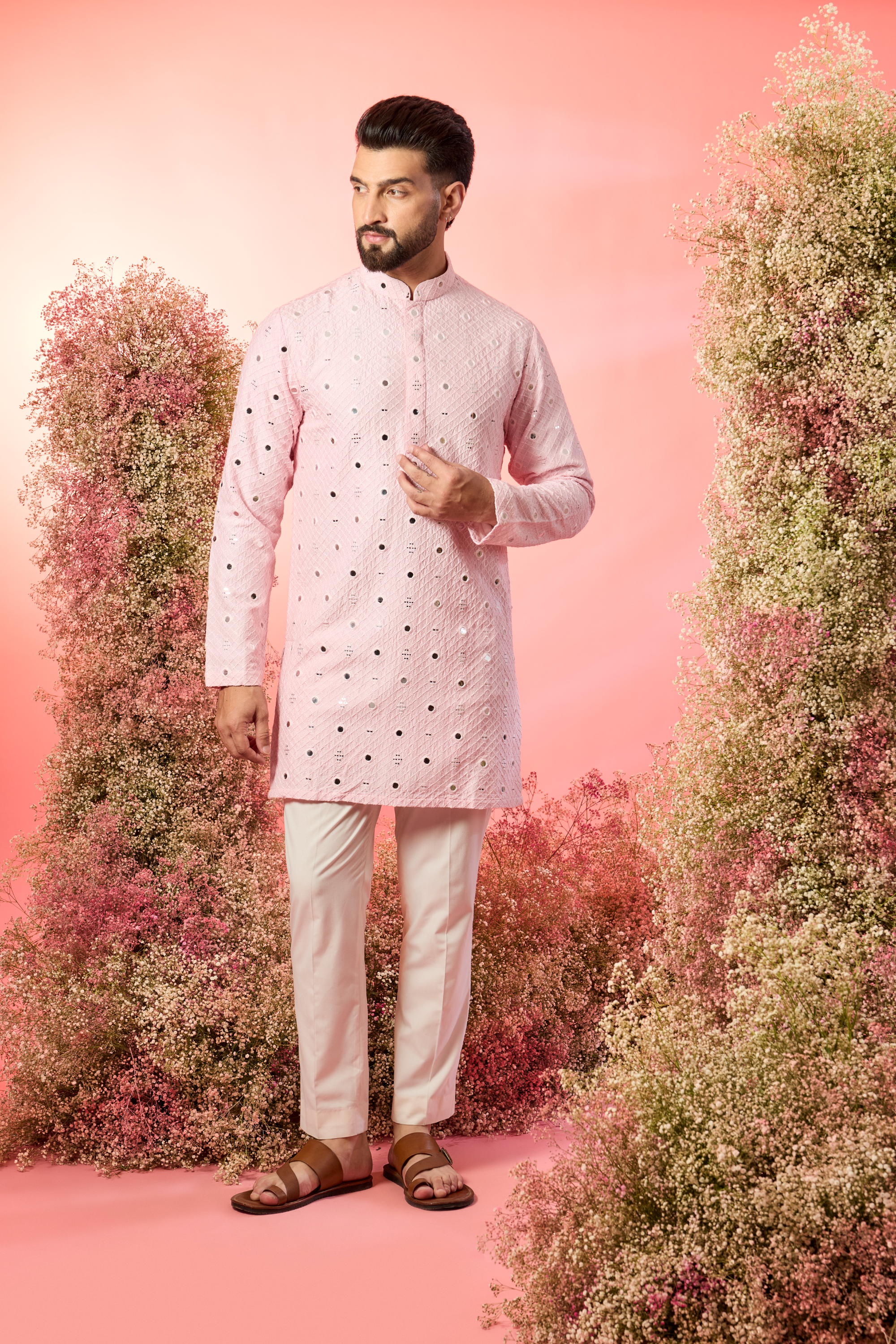 pink short mirror work kurta with delicate mirror work embroidery