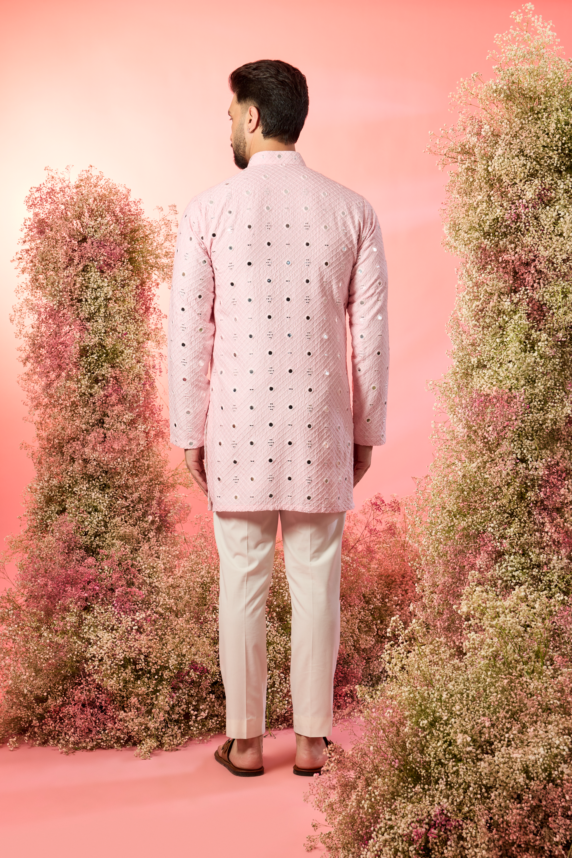 pink short mirror work kurta with delicate mirror work embroidery