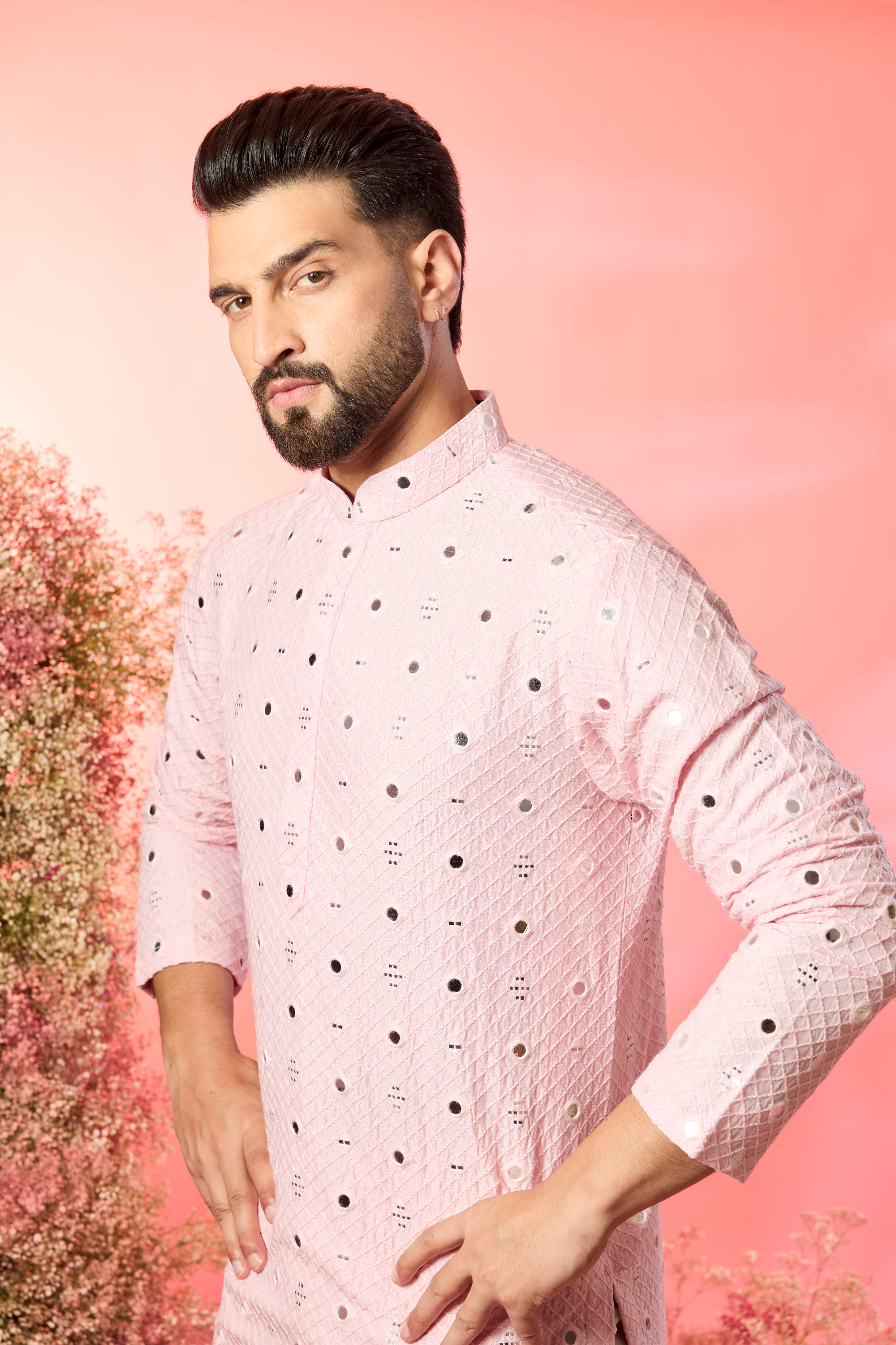 pink short mirror work kurta with delicate mirror work embroidery