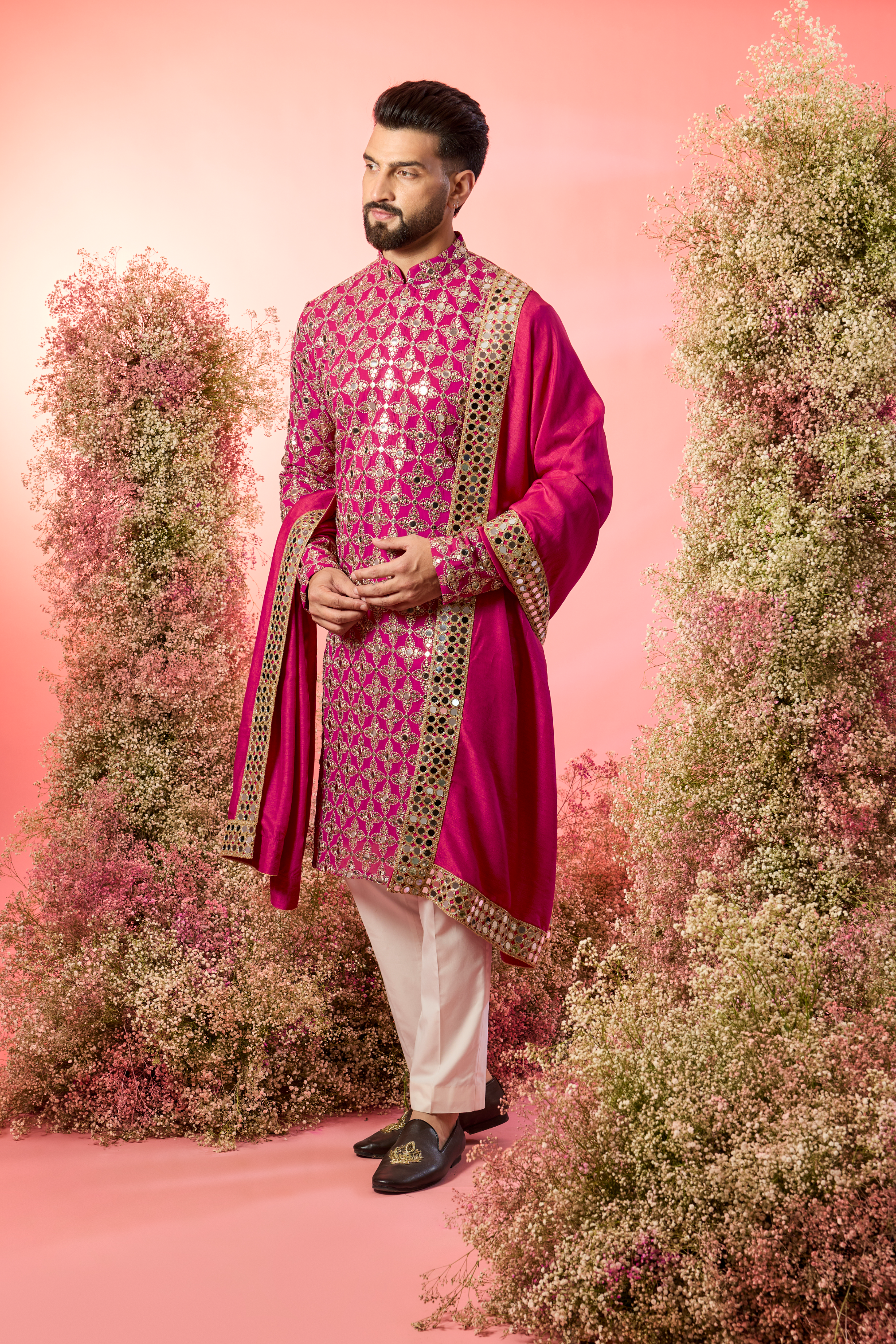 signature hot pink mirror work kurta with stole