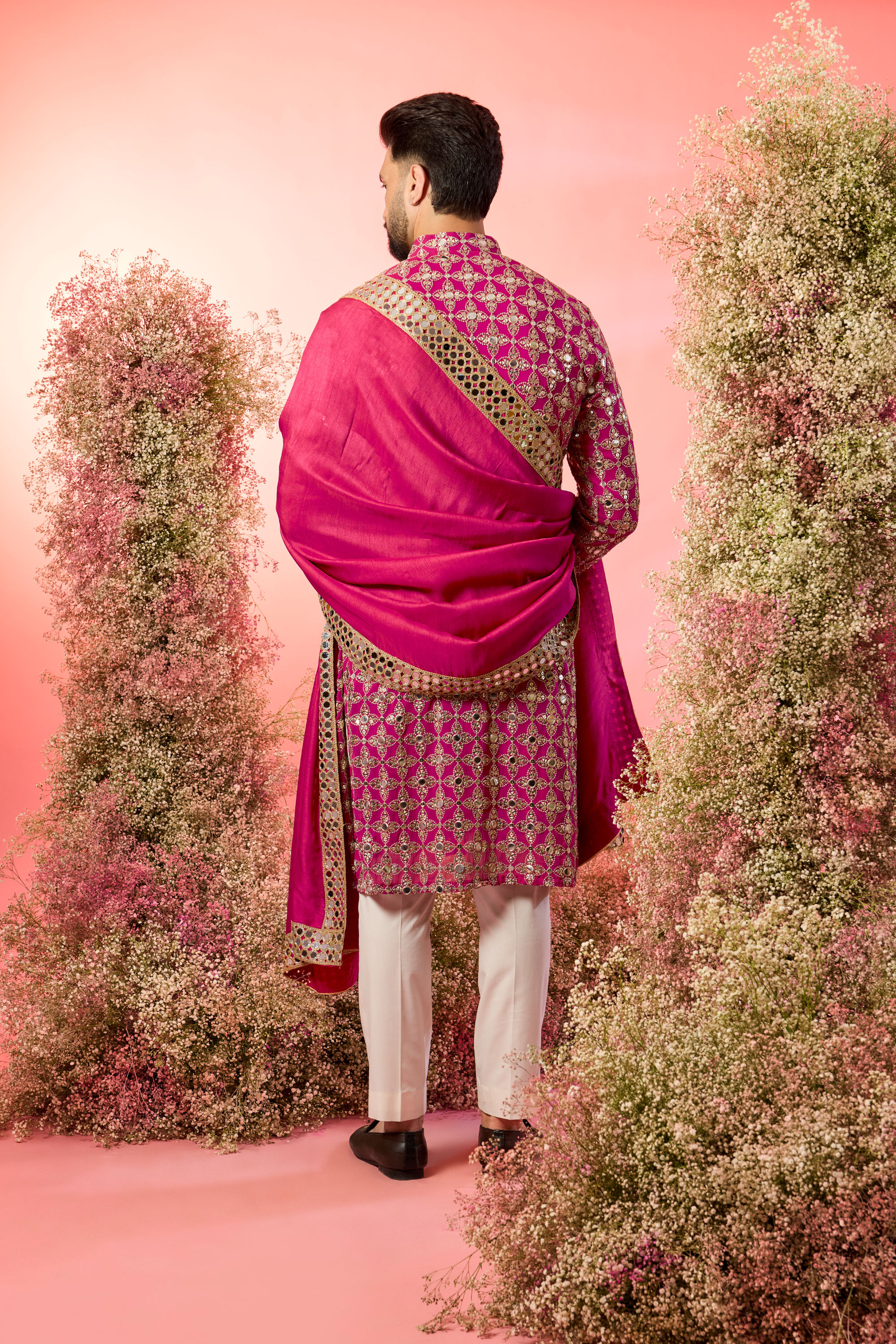 signature hot pink mirror work kurta with stole