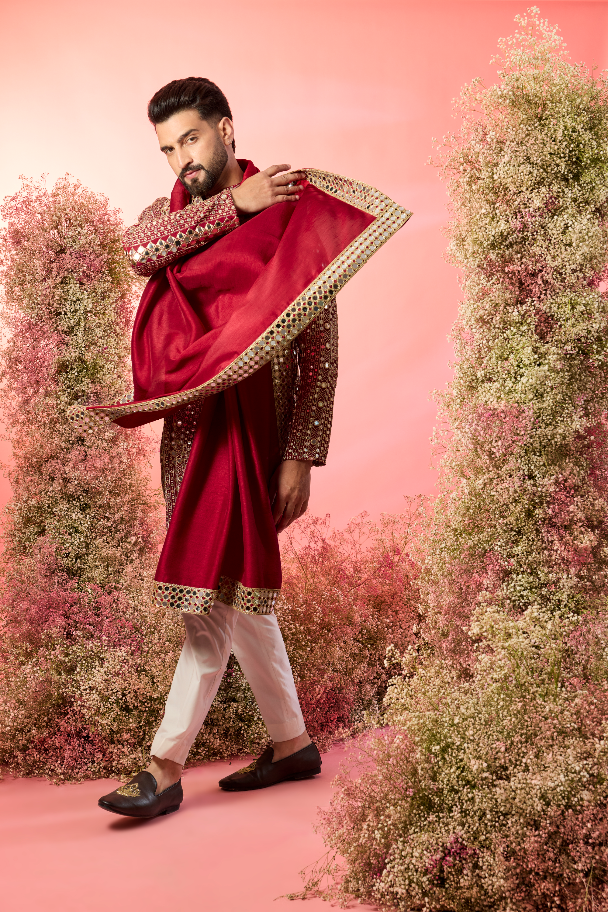 Signature Maroon mirror work kurta with stole