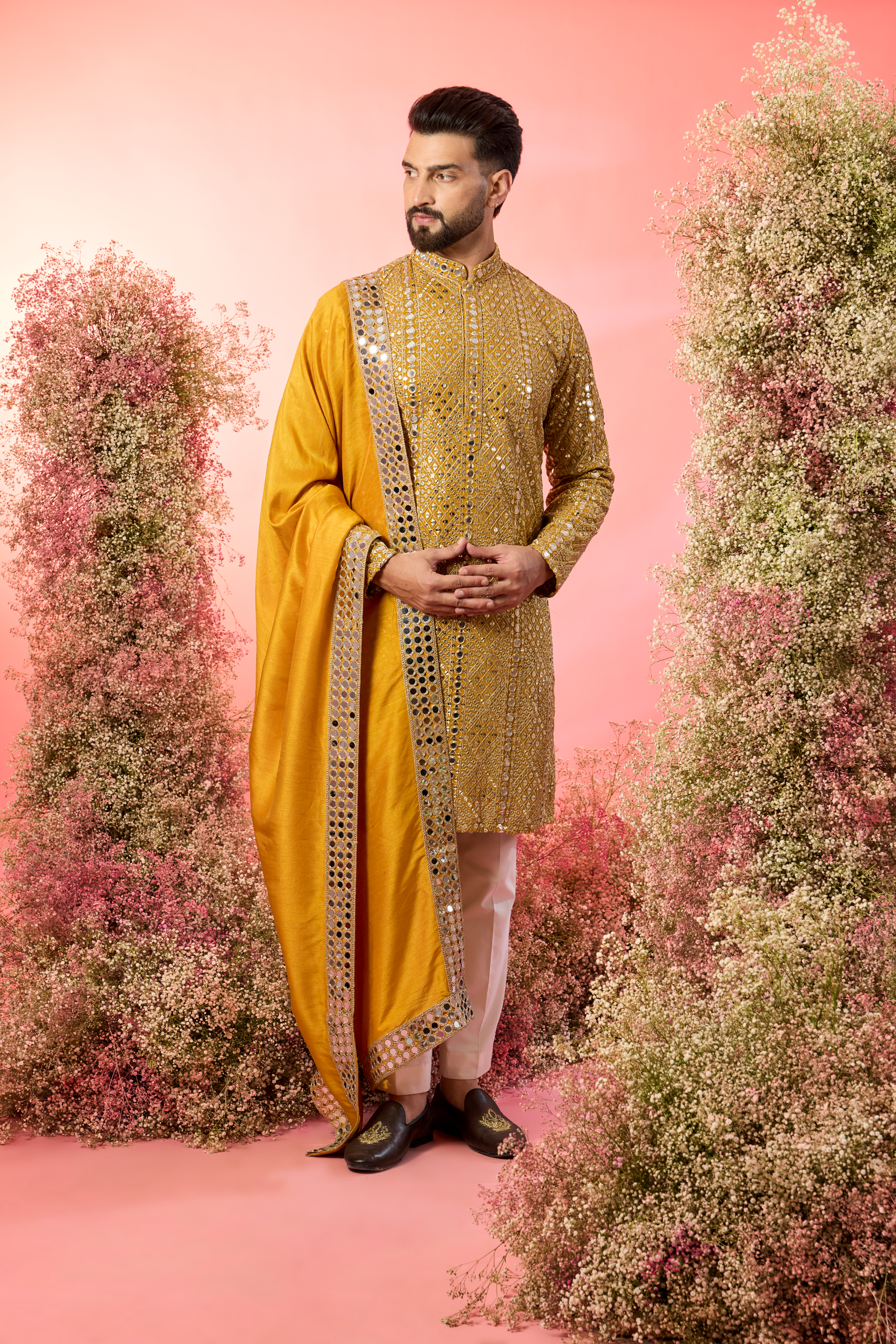 mustard mirror work kurta with stole