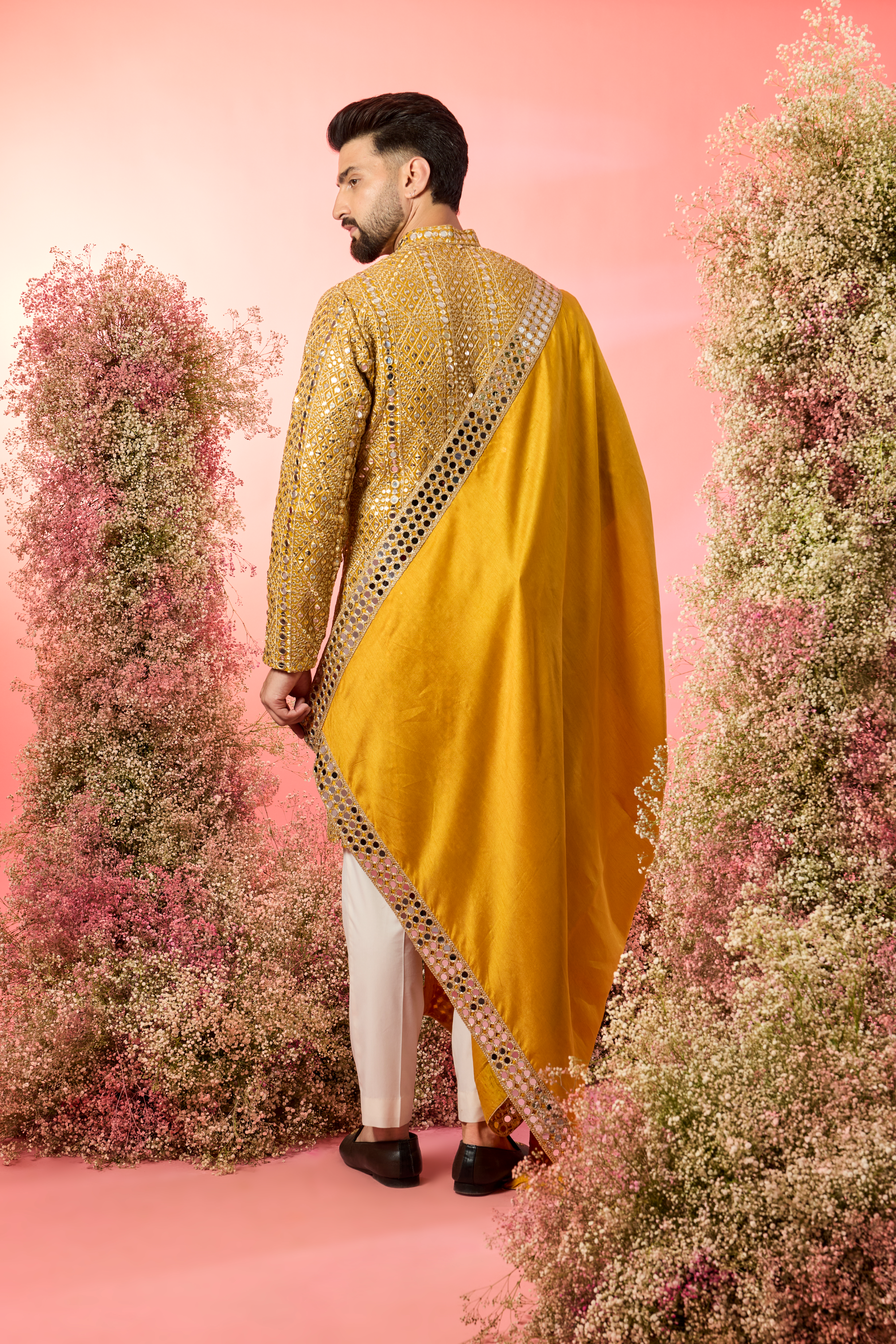 mustard mirror work kurta with stole