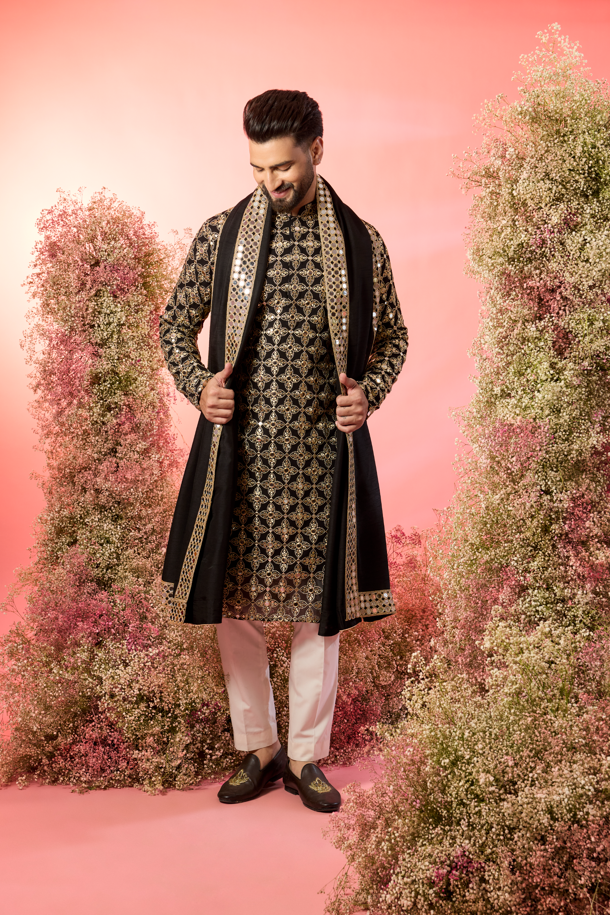 signature black mirror work kurta with stole