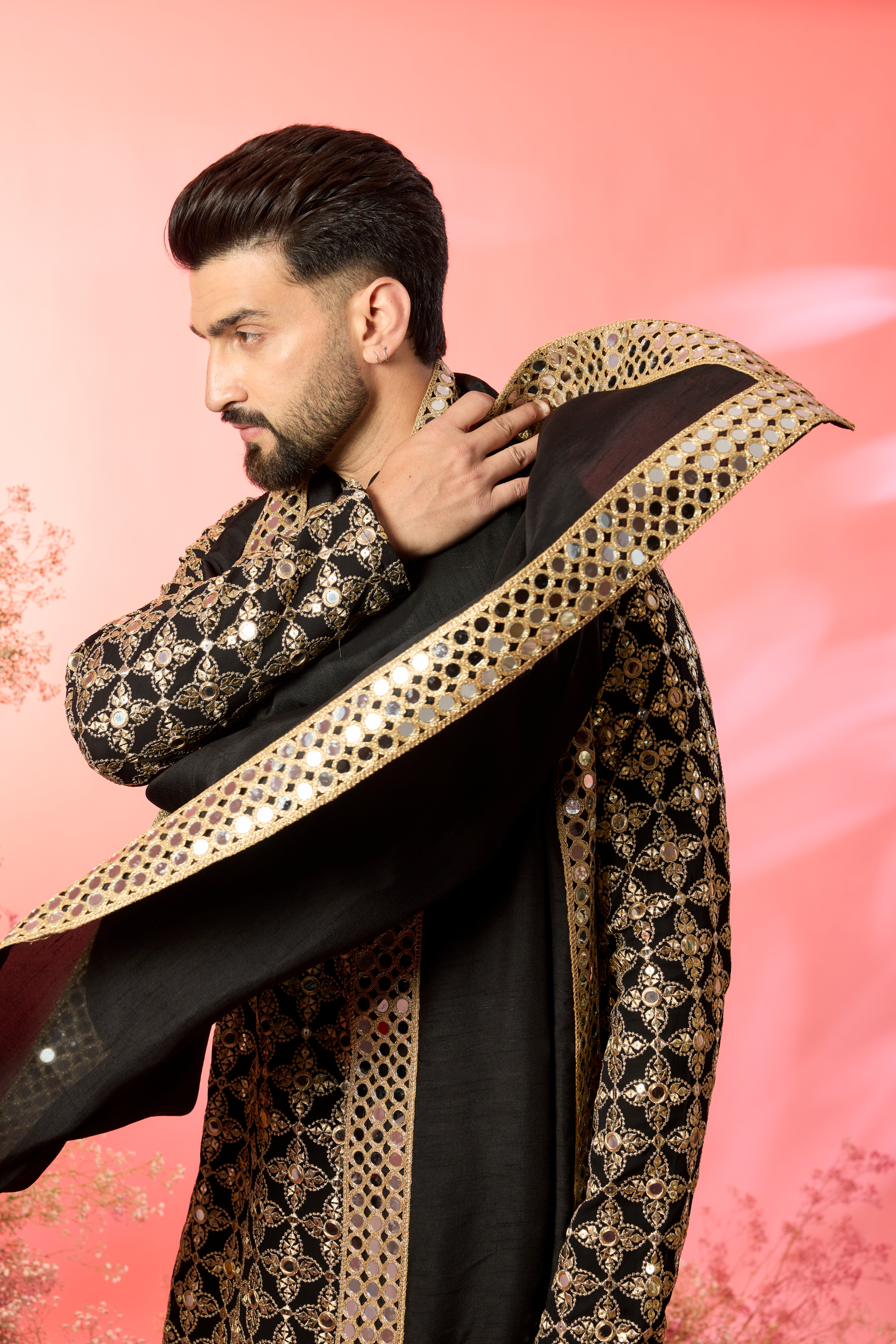 signature black mirror work kurta with stole
