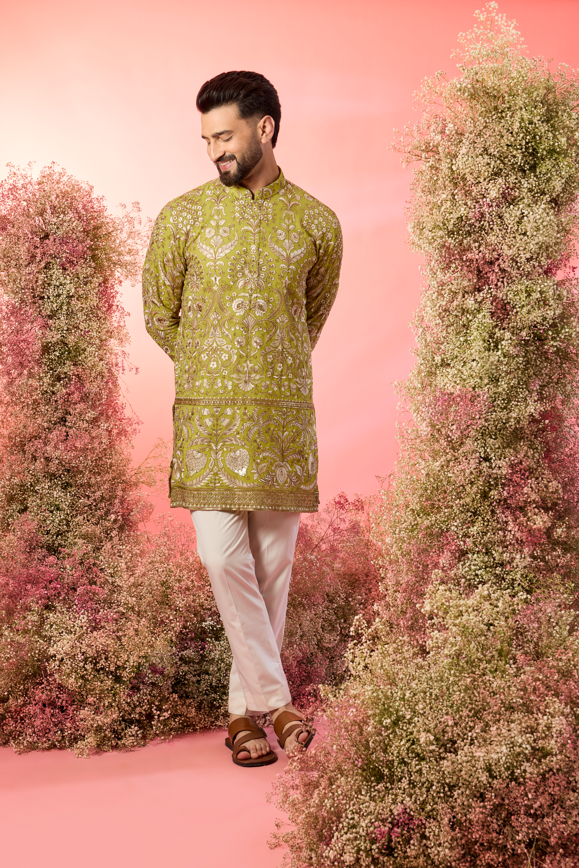 neon green short chikankari kurta