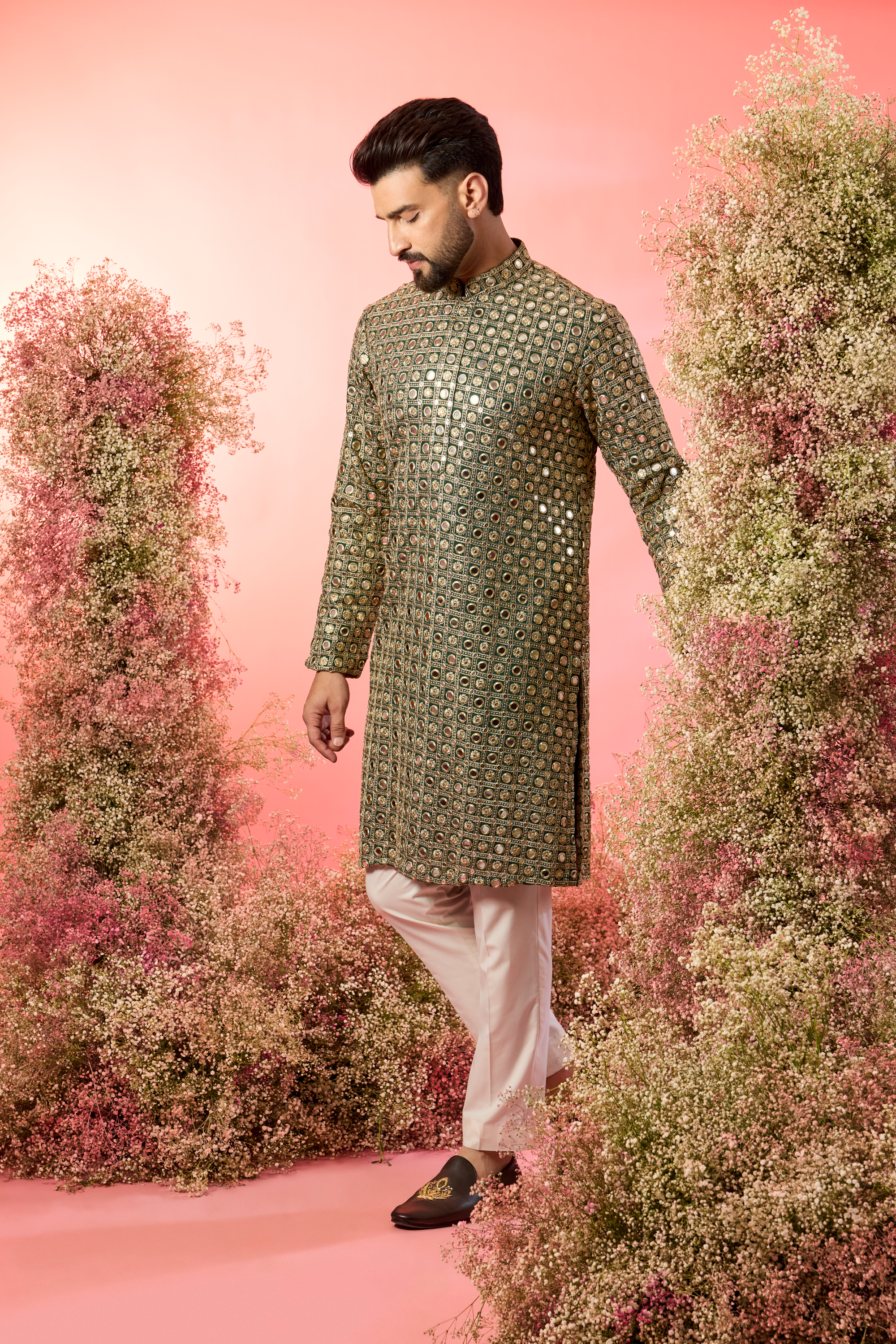 signature bottle green mirror work kurta with heavy zari work