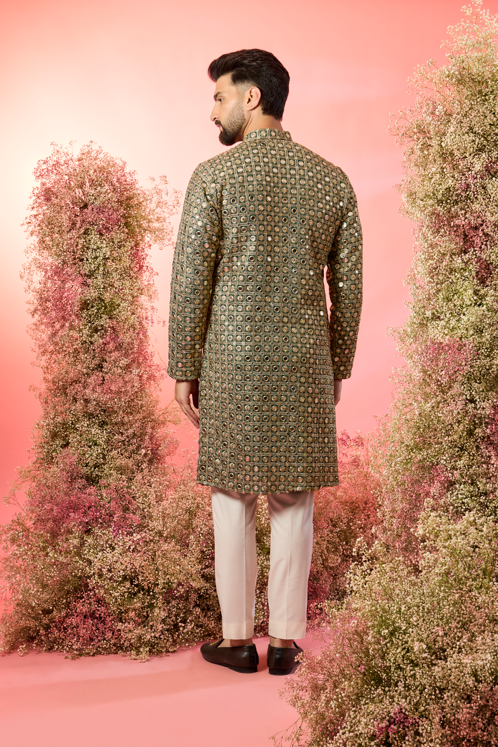 signature bottle green mirror work kurta with heavy zari work