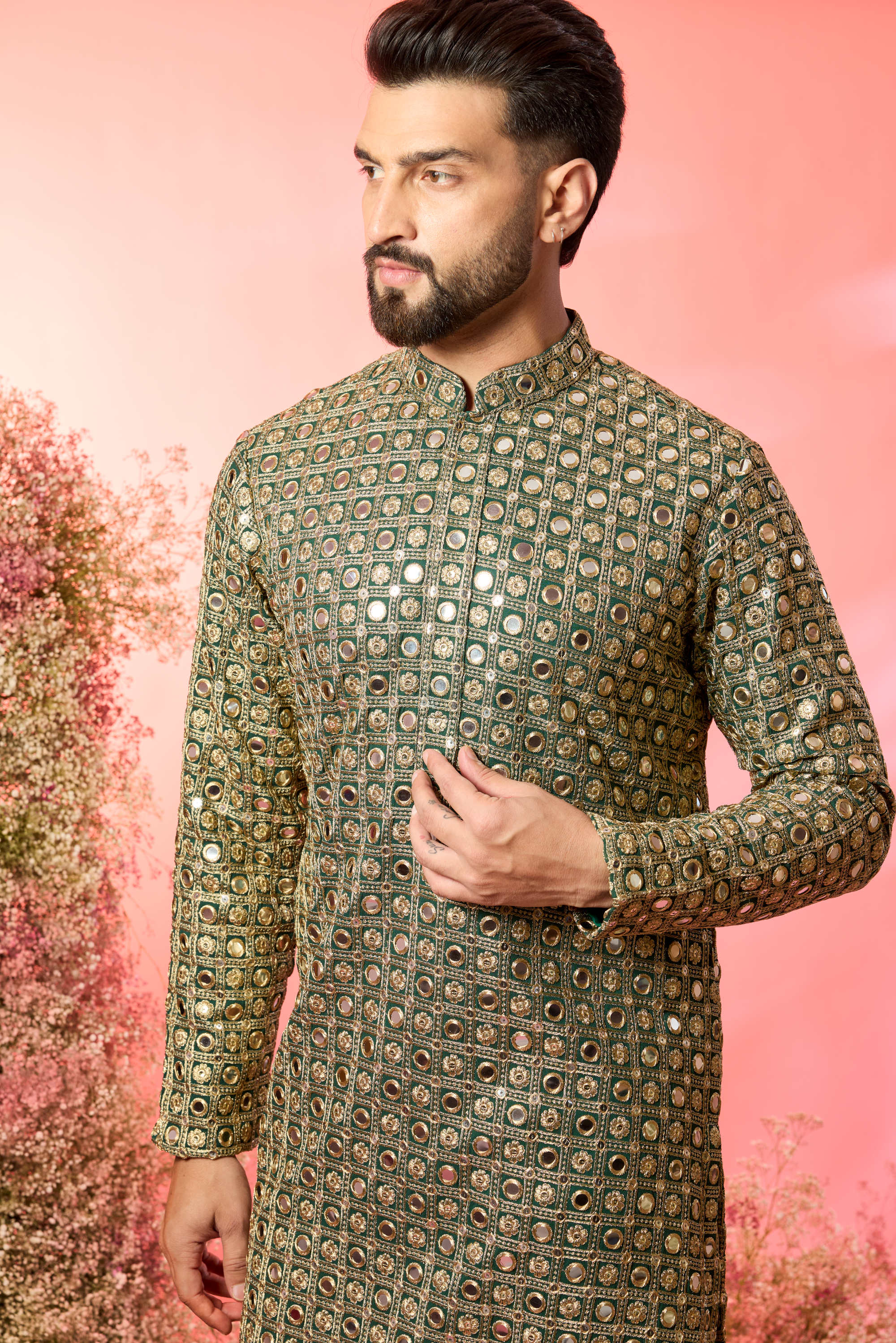 signature bottle green mirror work kurta with heavy zari work