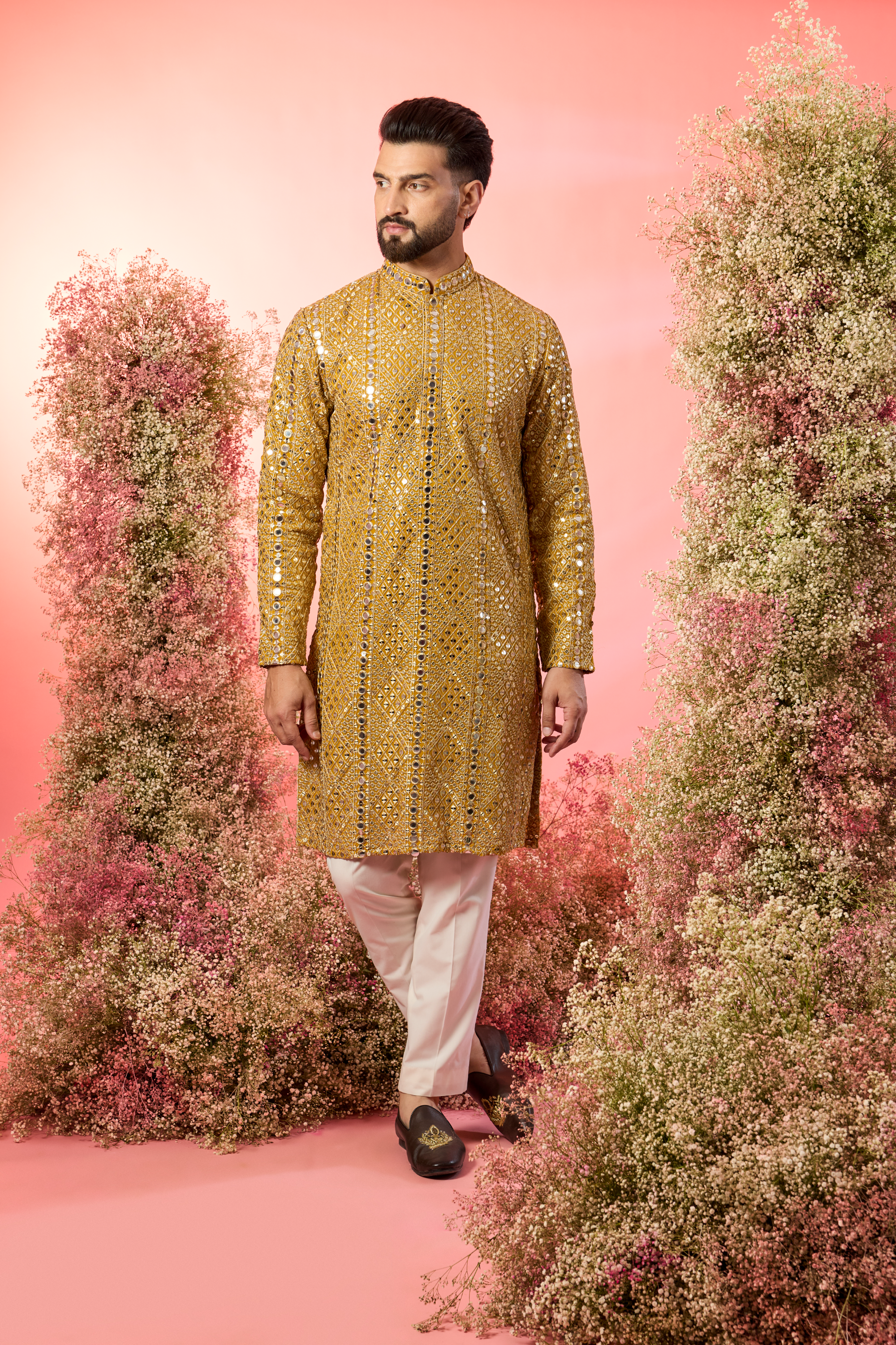 signature mustard mirror work kurta with heavy zari work