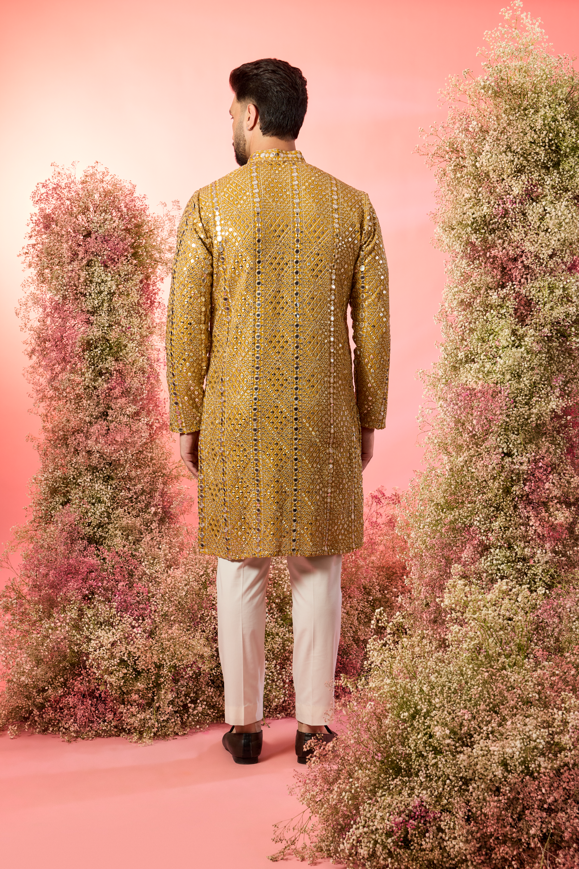 signature mustard mirror work kurta with heavy zari work