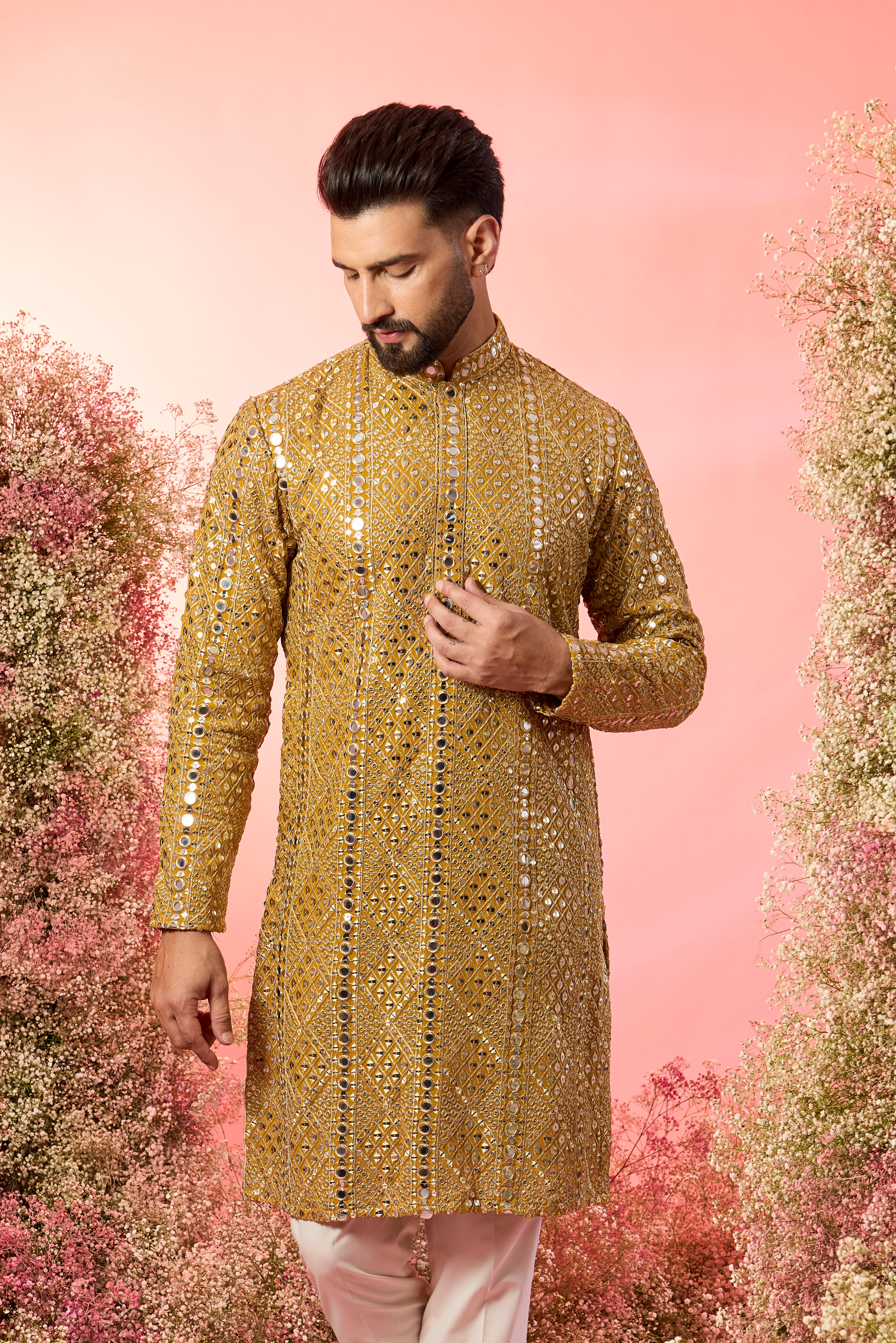 signature mustard mirror work kurta with heavy zari work