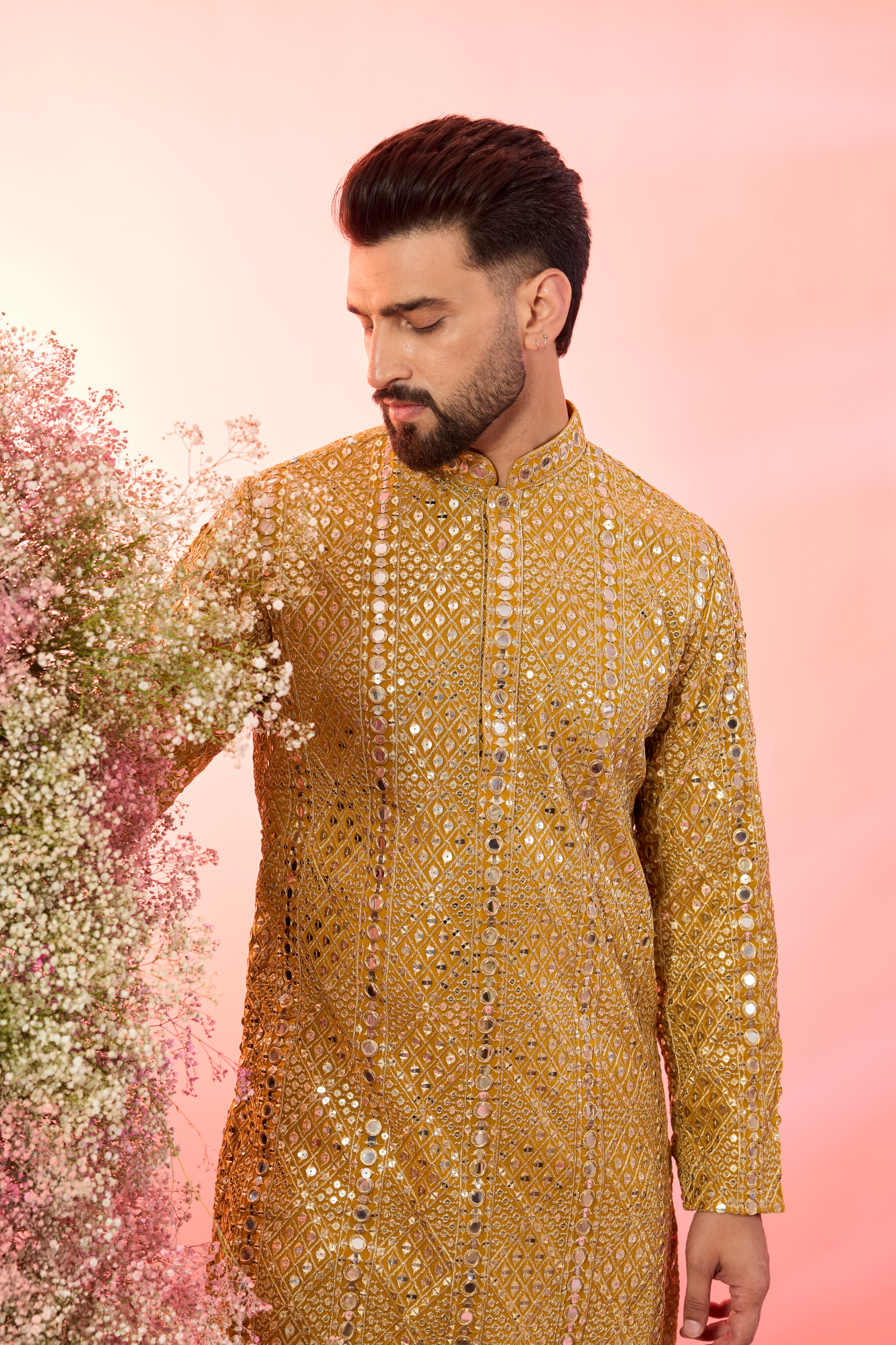 signature mustard mirror work kurta with heavy zari work