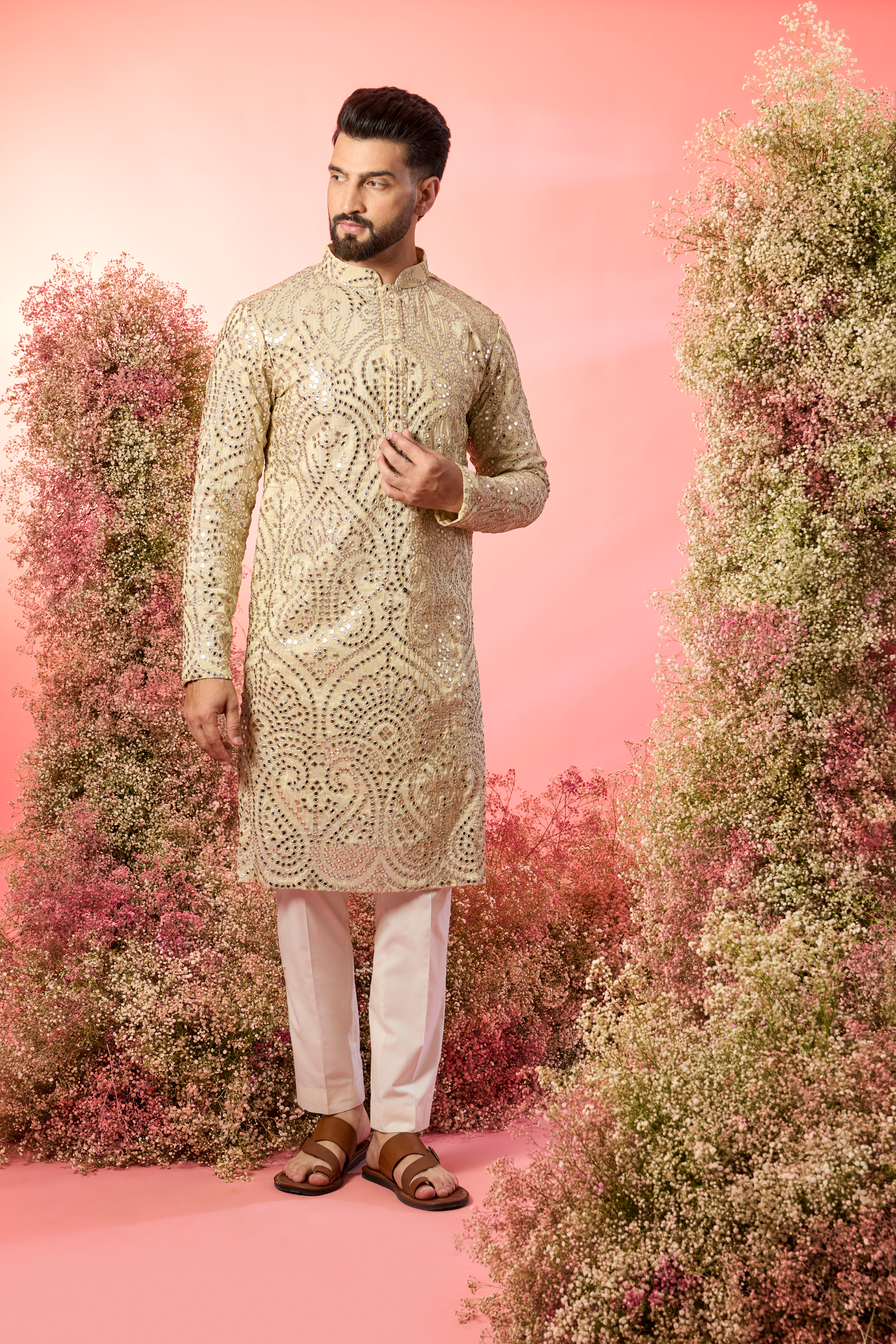 classic golden mirror work kurta with zari detailing