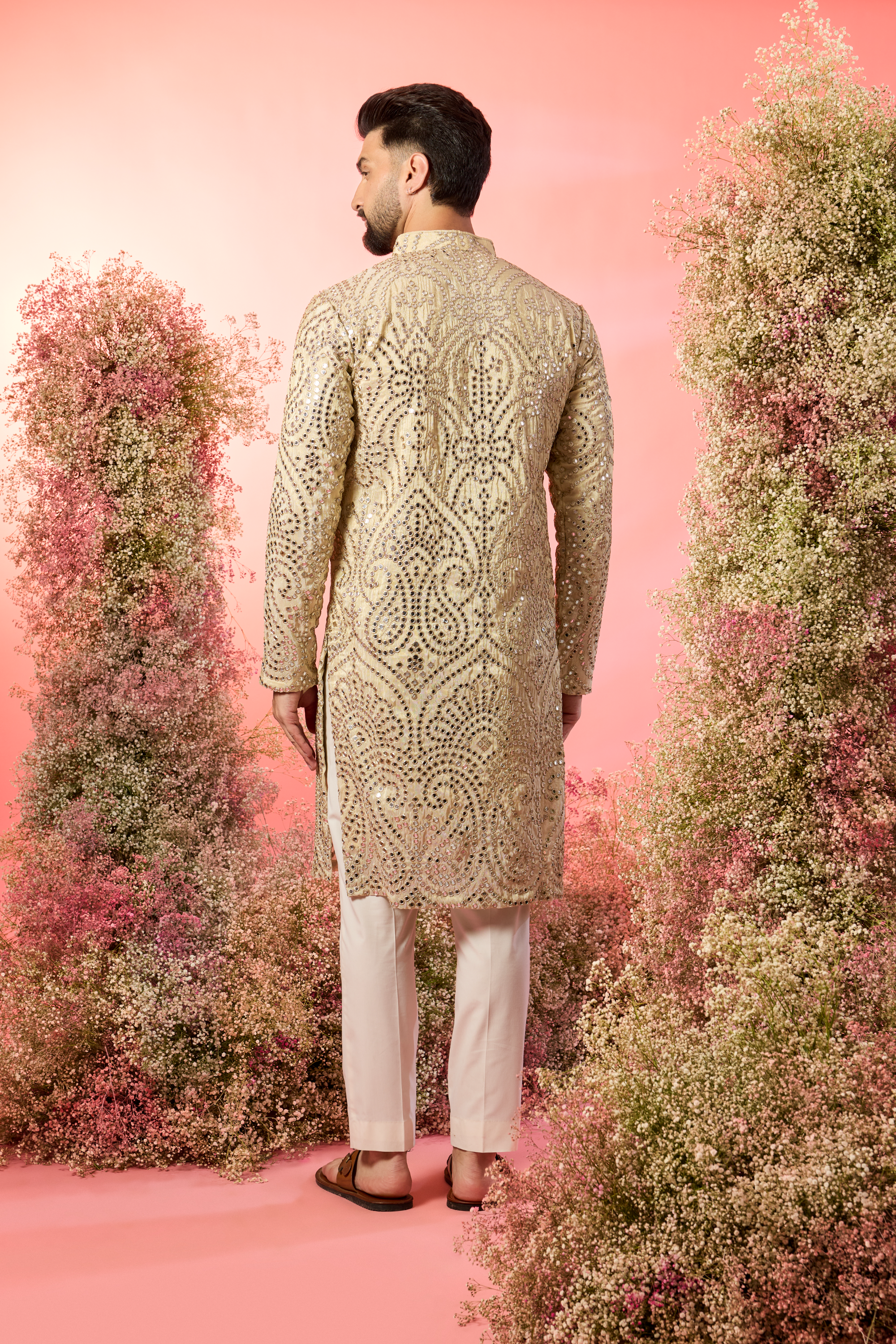 classic golden mirror work kurta with zari detailing