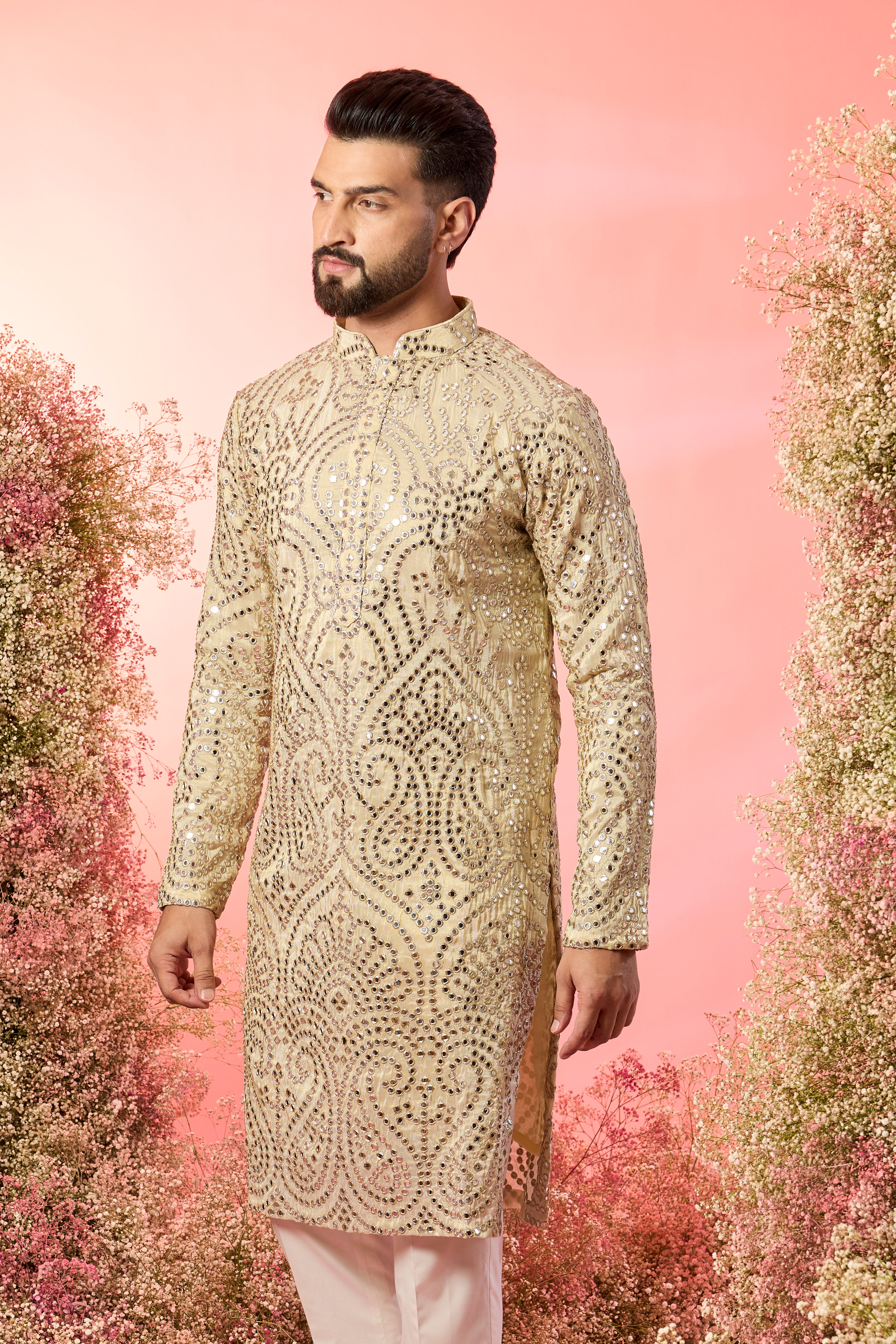 classic golden mirror work kurta with zari detailing
