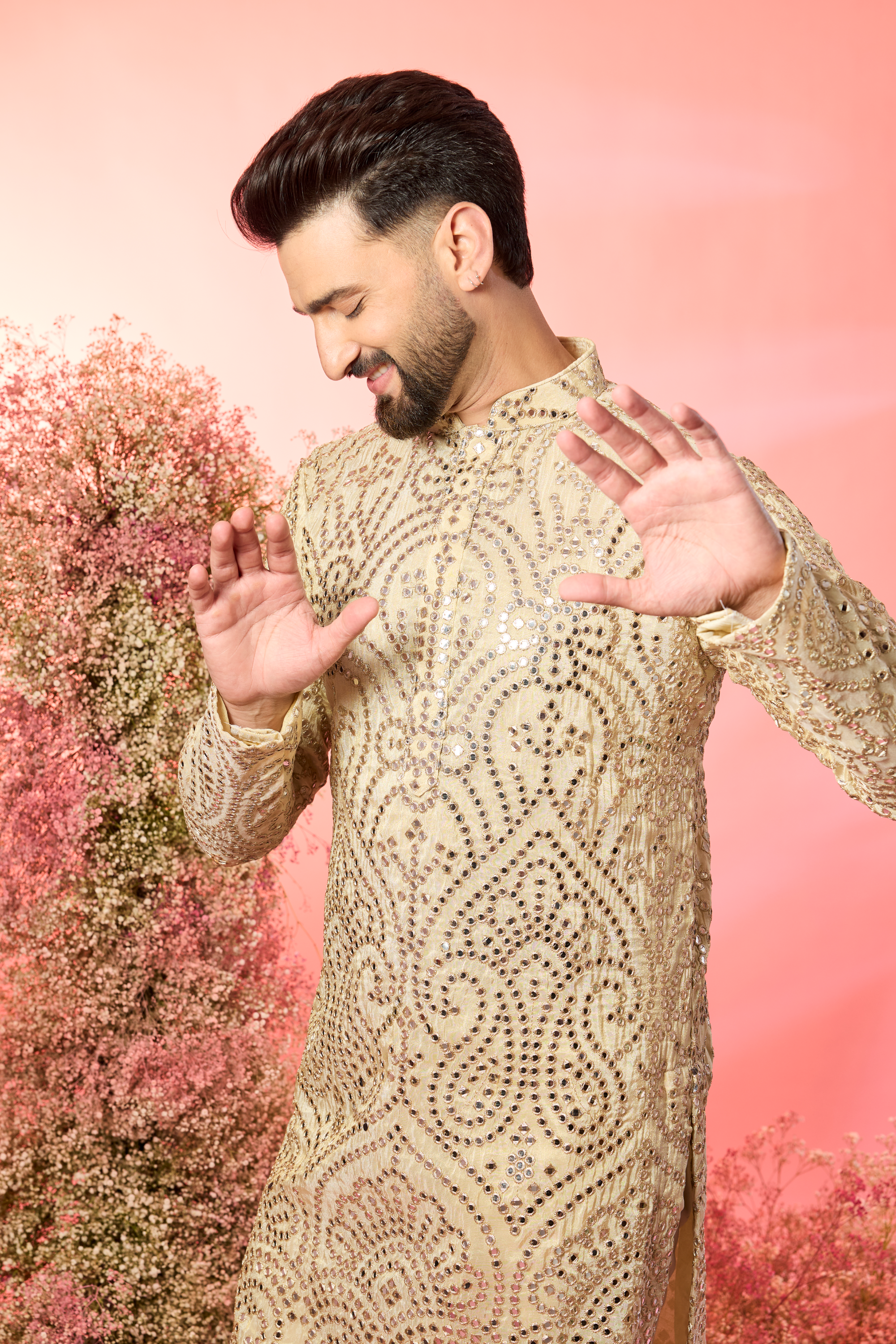 classic golden mirror work kurta with zari detailing