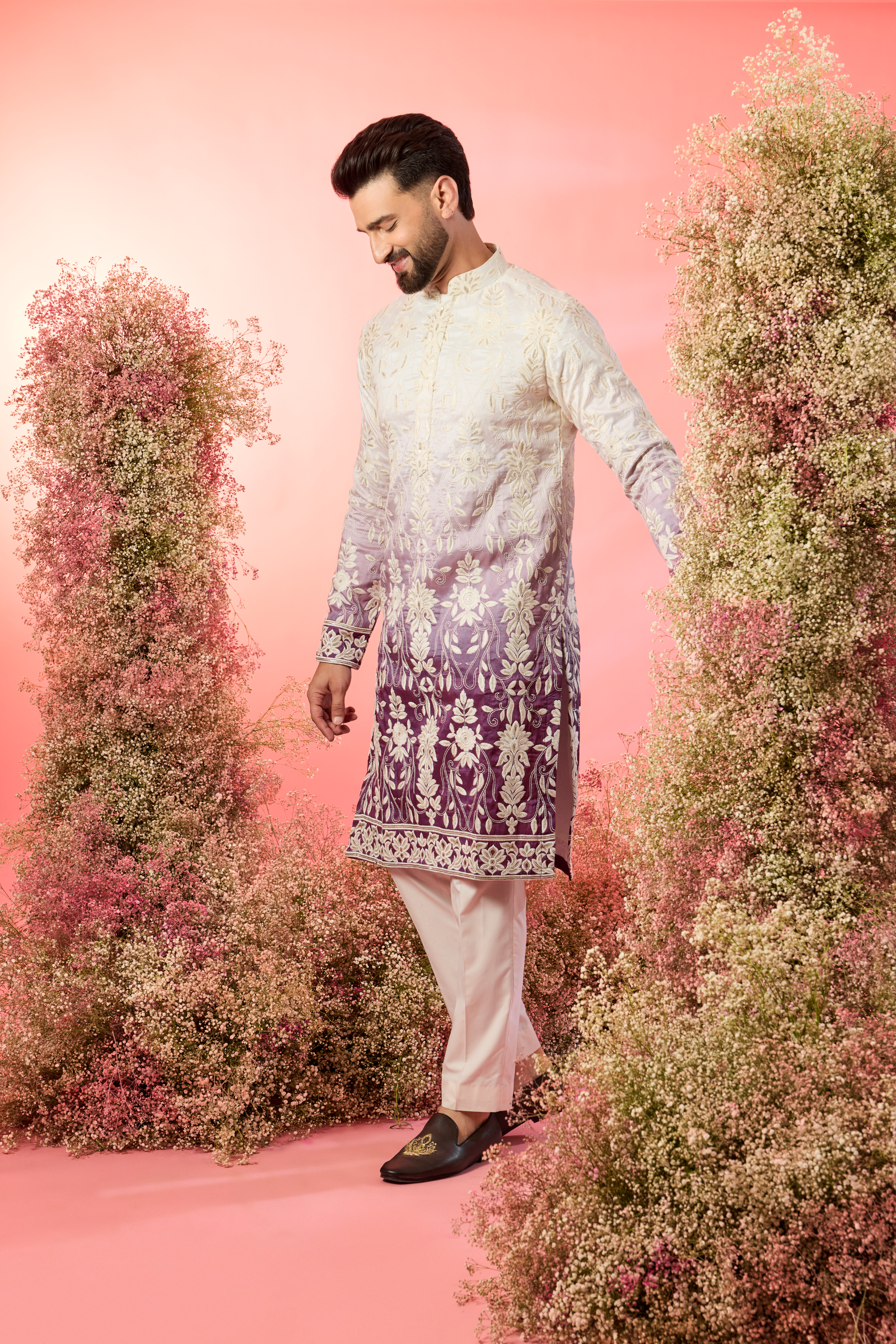 White - purple ombre shaded chikankari kurta