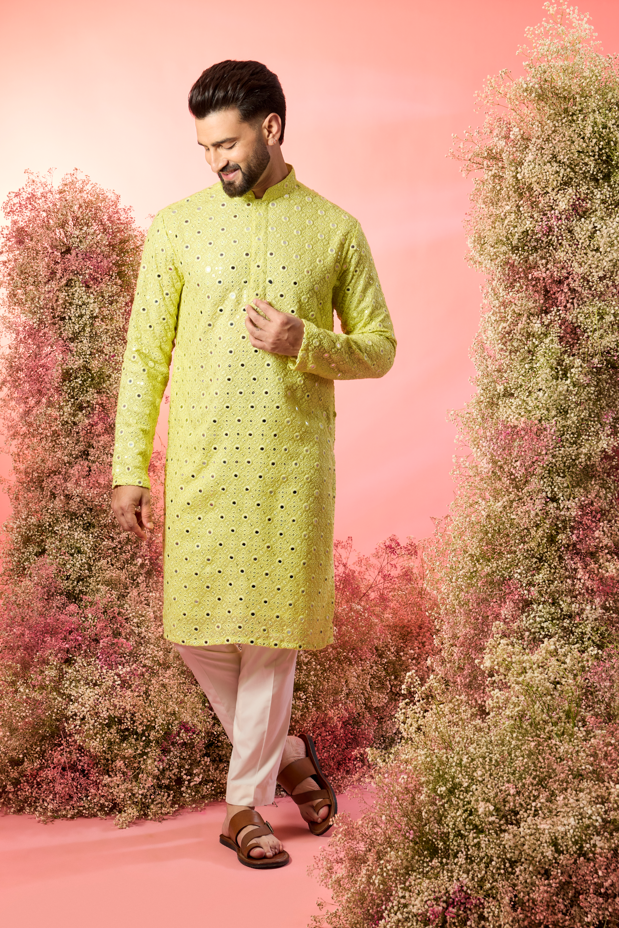 classic yellow mirror work kurta with tone to tone threadwork