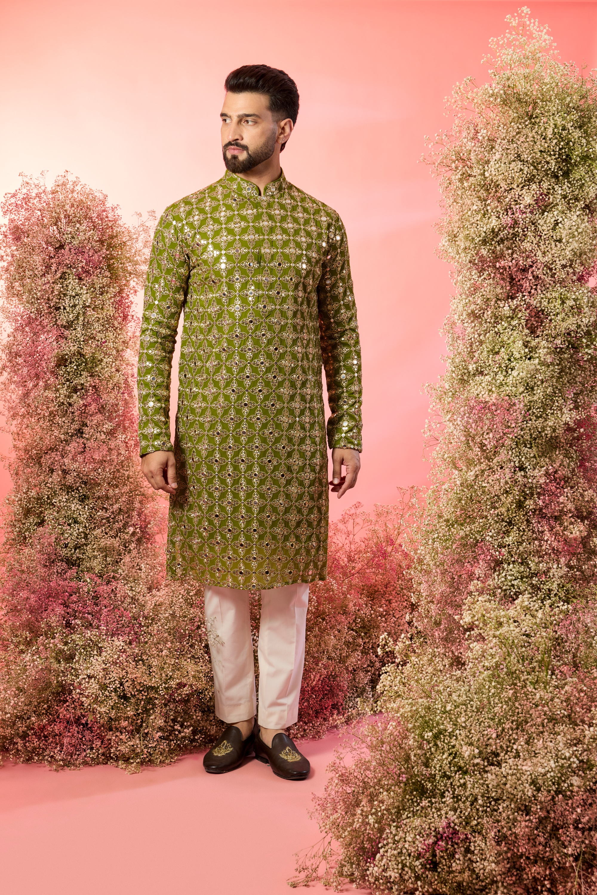 signnature lime green mirror work kurta with intricate zari work
