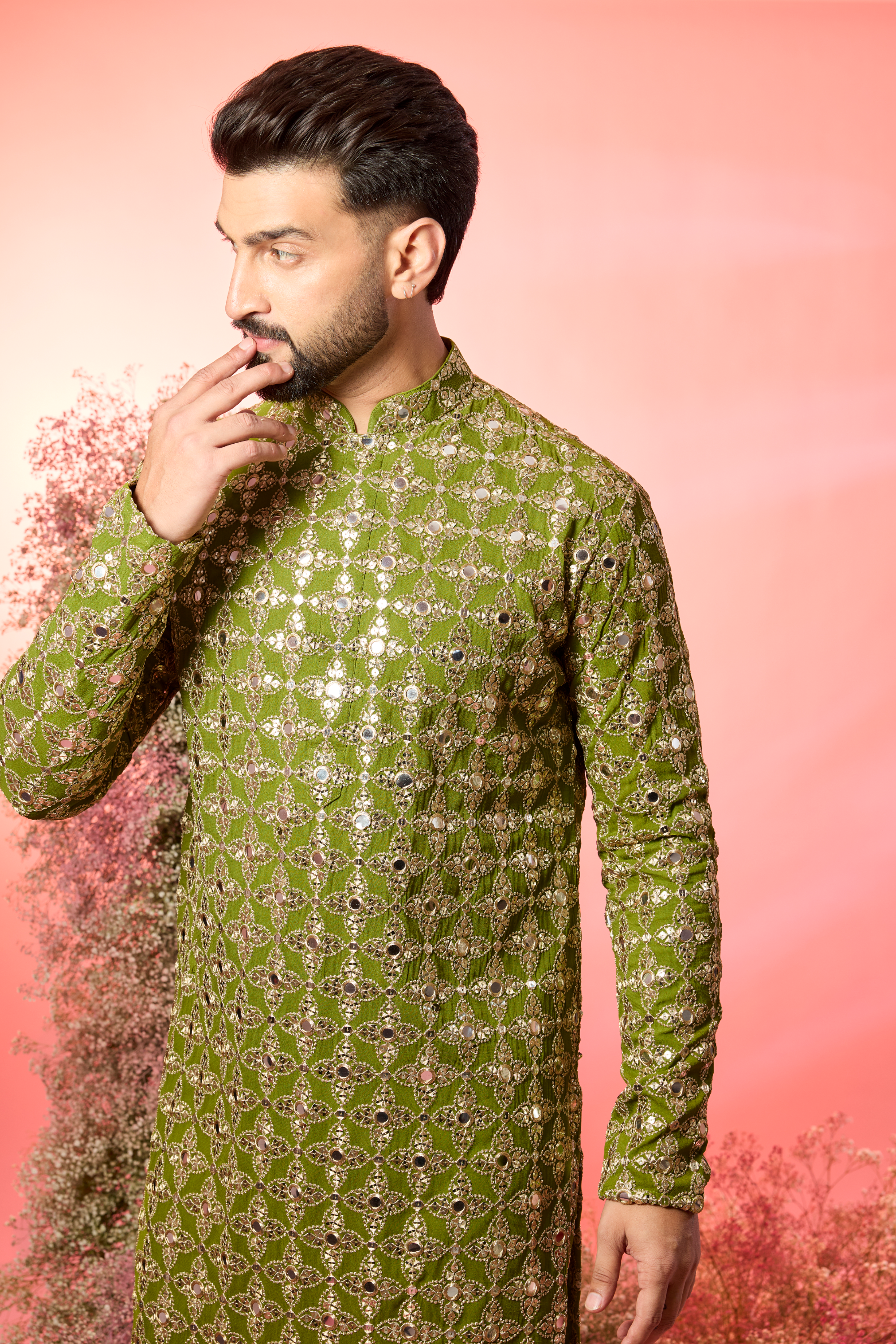 signnature lime green mirror work kurta with intricate zari work